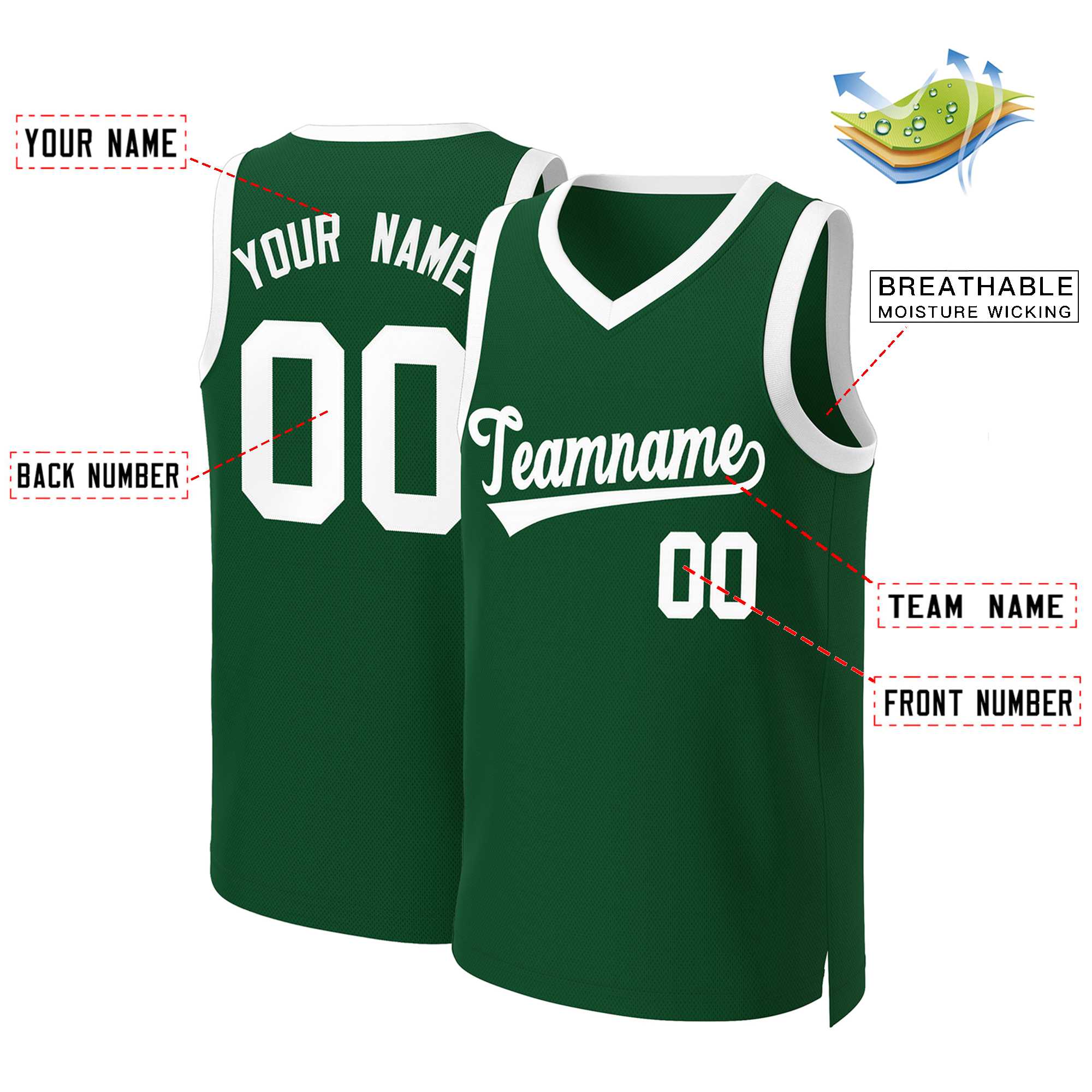 Maillot de basket-ball classique vert blanc personnalisé