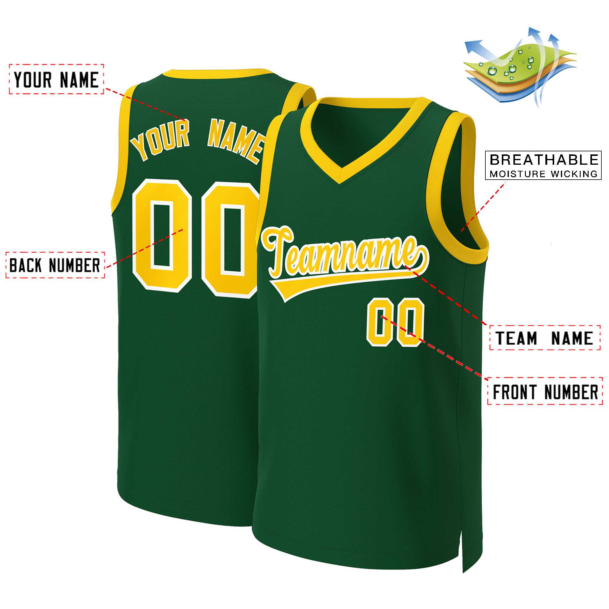 Maillot de basket-ball classique personnalisé vert or-blanc