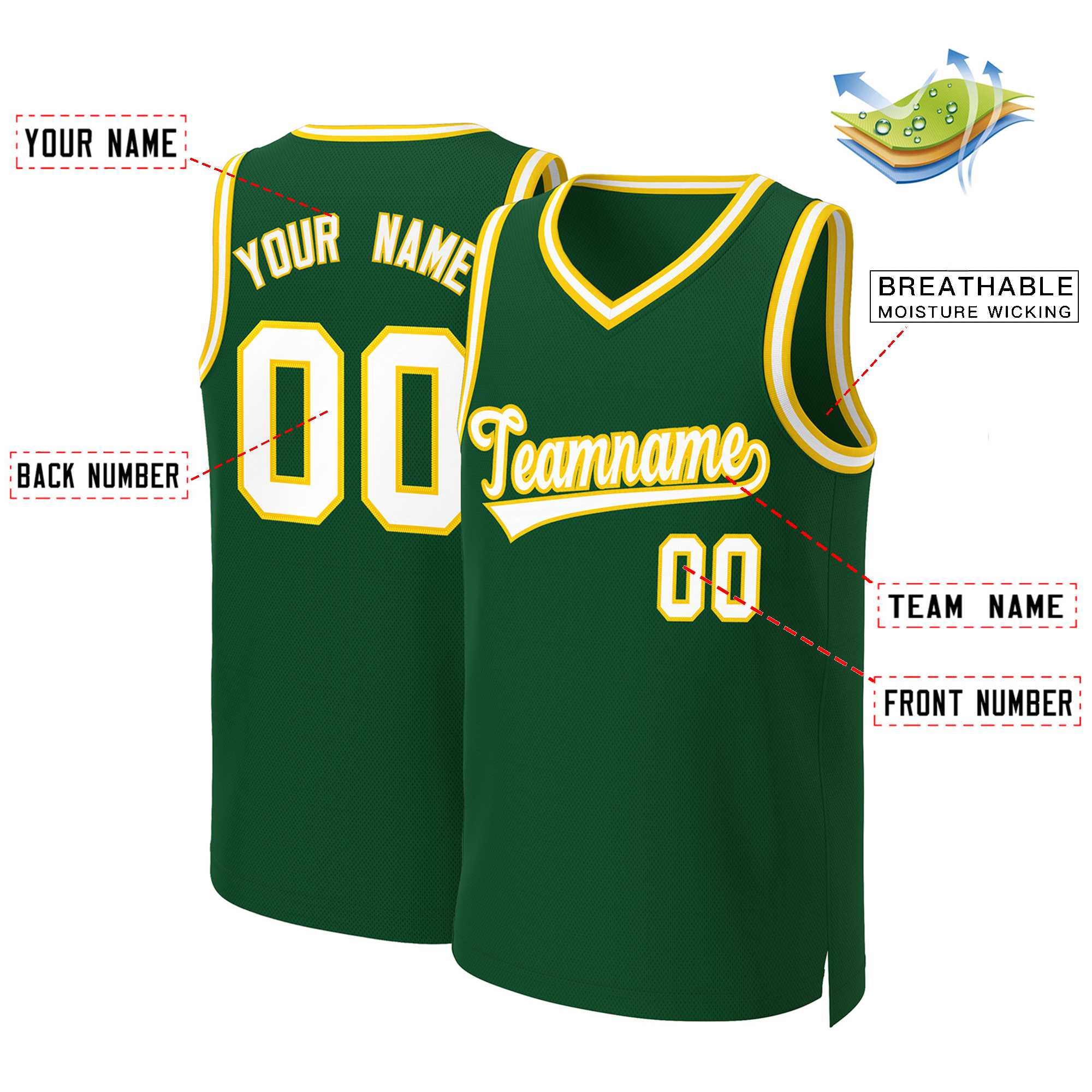 Maillot de basket-ball classique personnalisé vert blanc-or