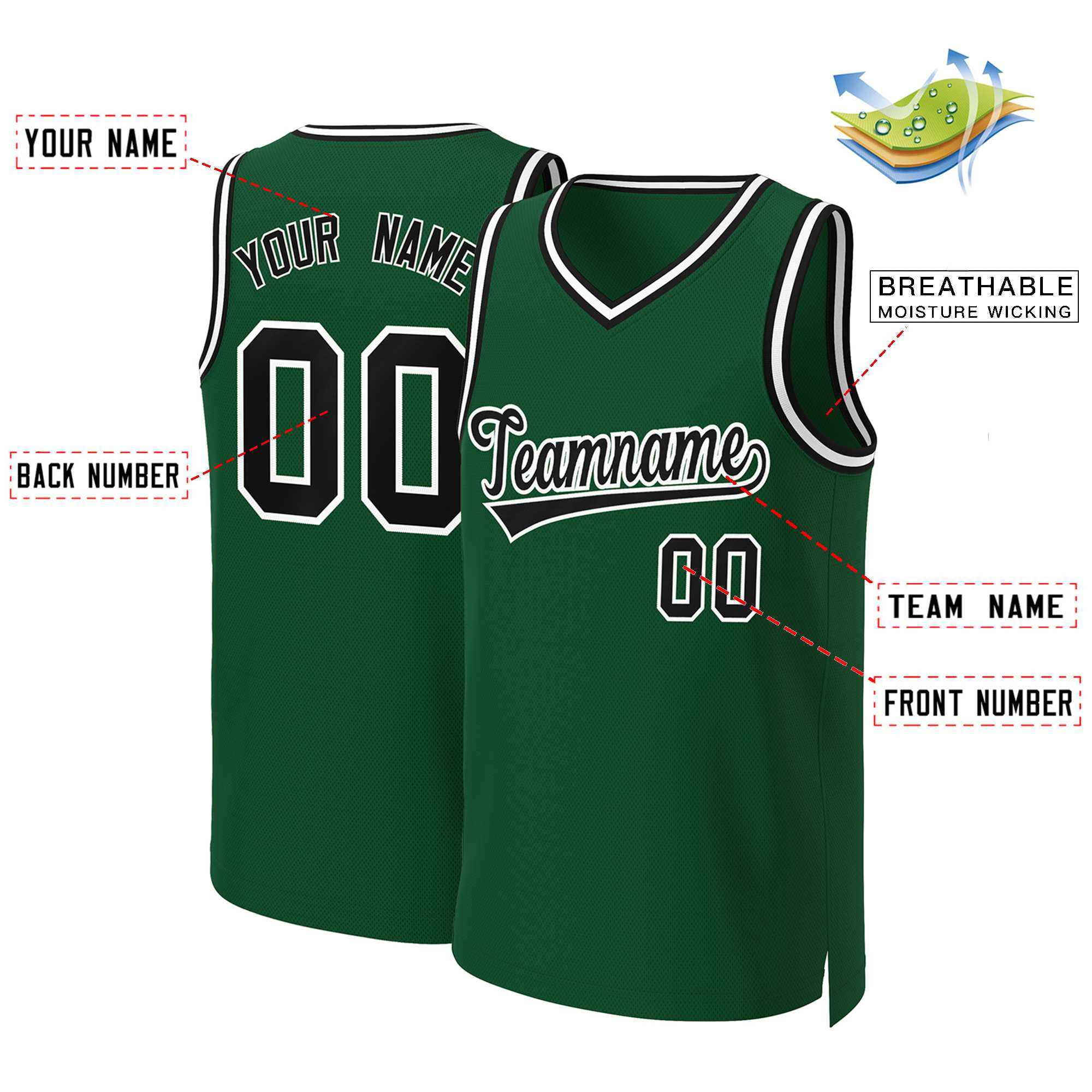 Maillot de basket-ball classique personnalisé vert noir-blanc