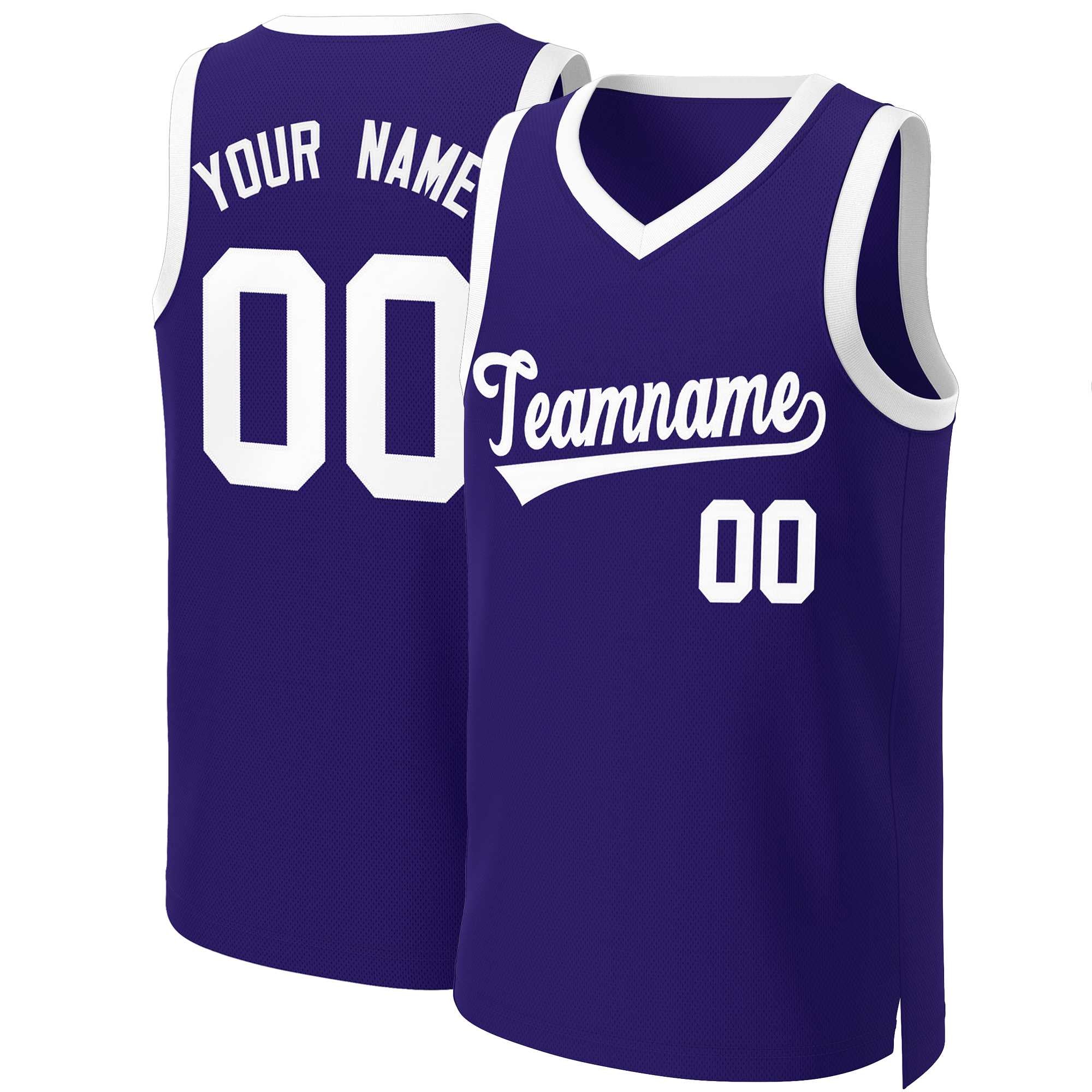 Maillot de basket-ball classique violet et blanc personnalisé