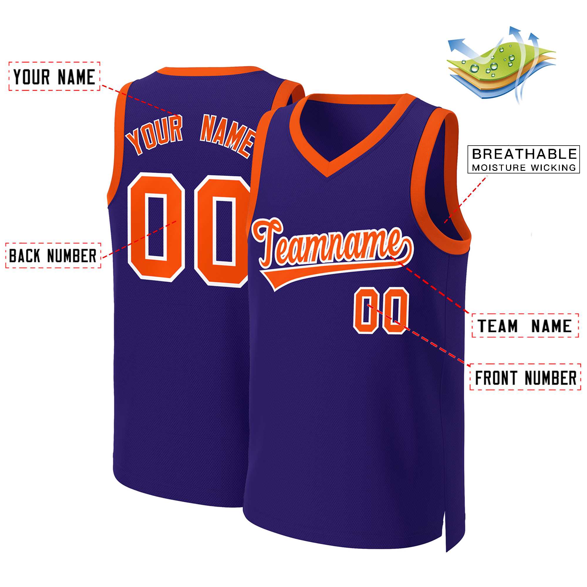 Maillot de basket-ball classique personnalisé violet orange-blanc