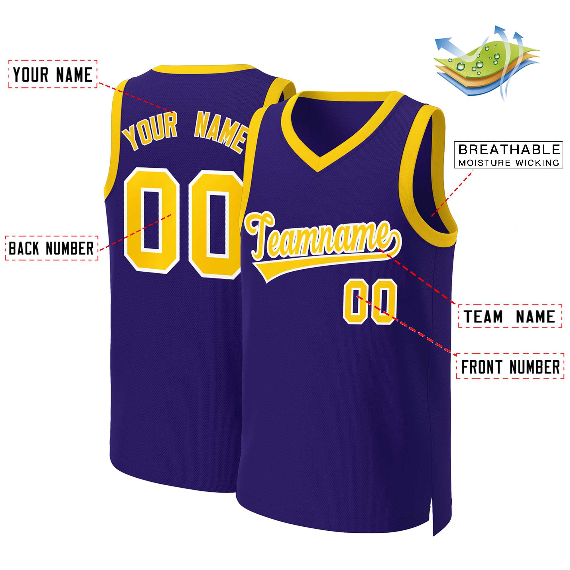 Maillot de basket-ball classique personnalisé violet or-blanc