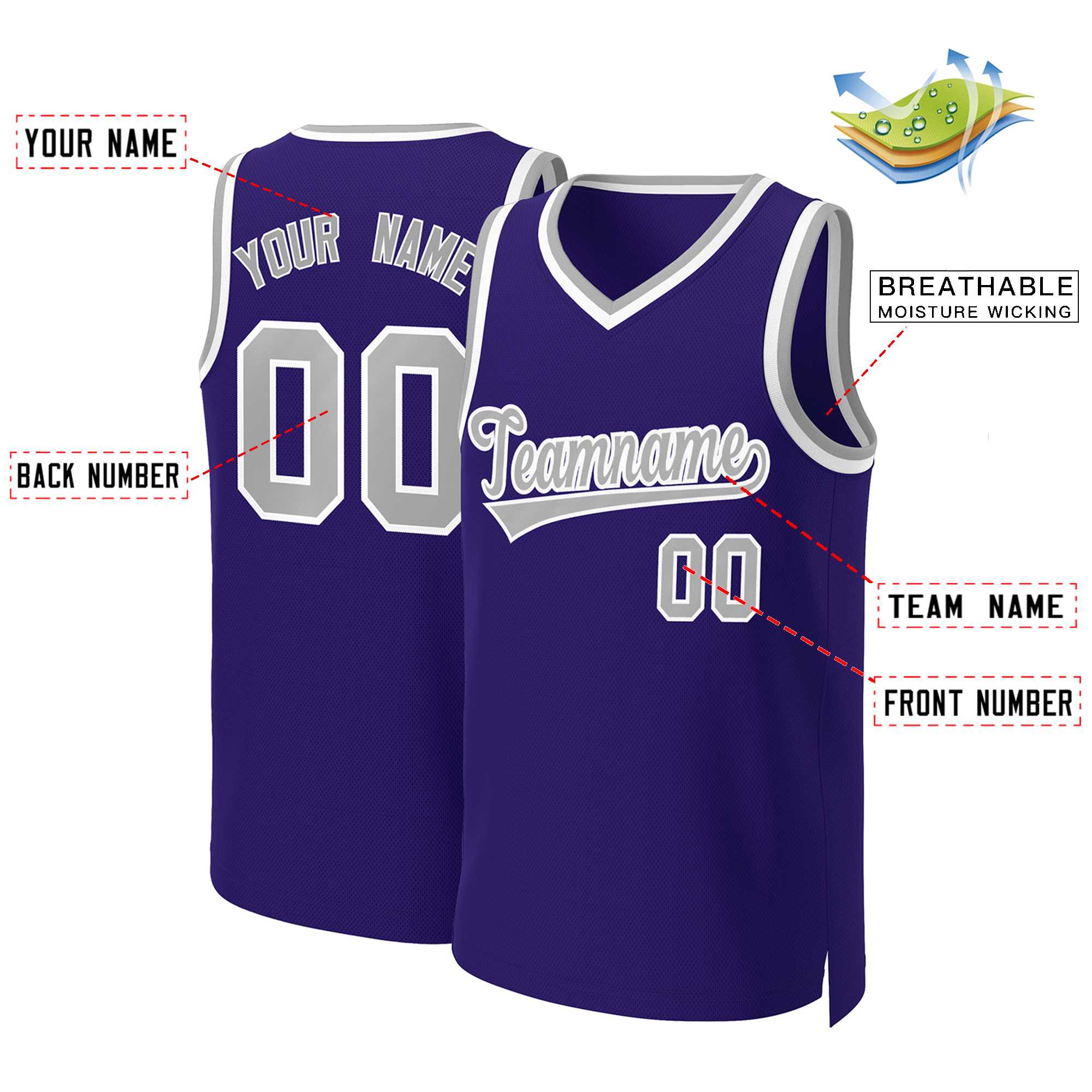 Maillot de basket-ball classique personnalisé violet gris-blanc