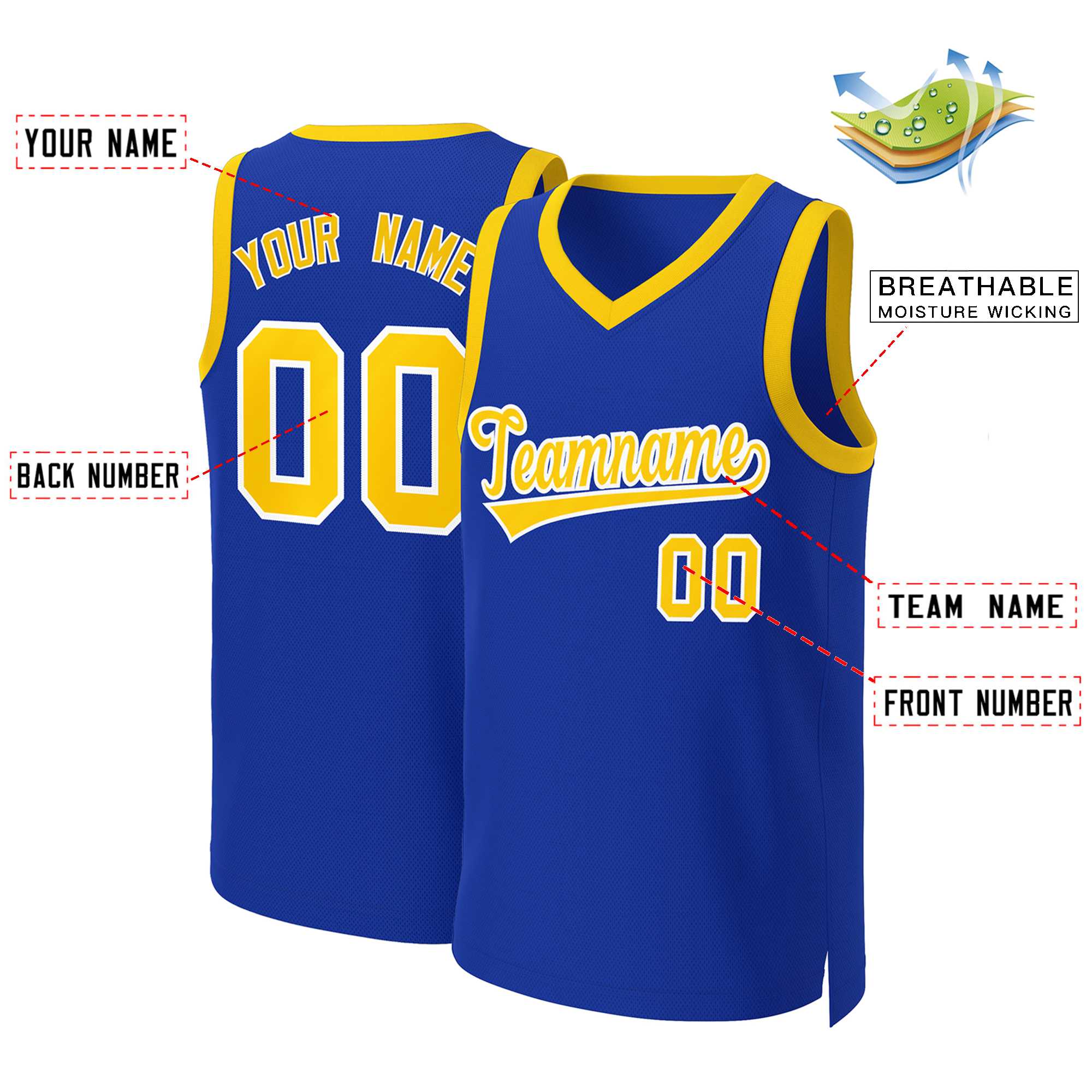 Maillot de basket-ball classique personnalisé Royal jaune-blanc