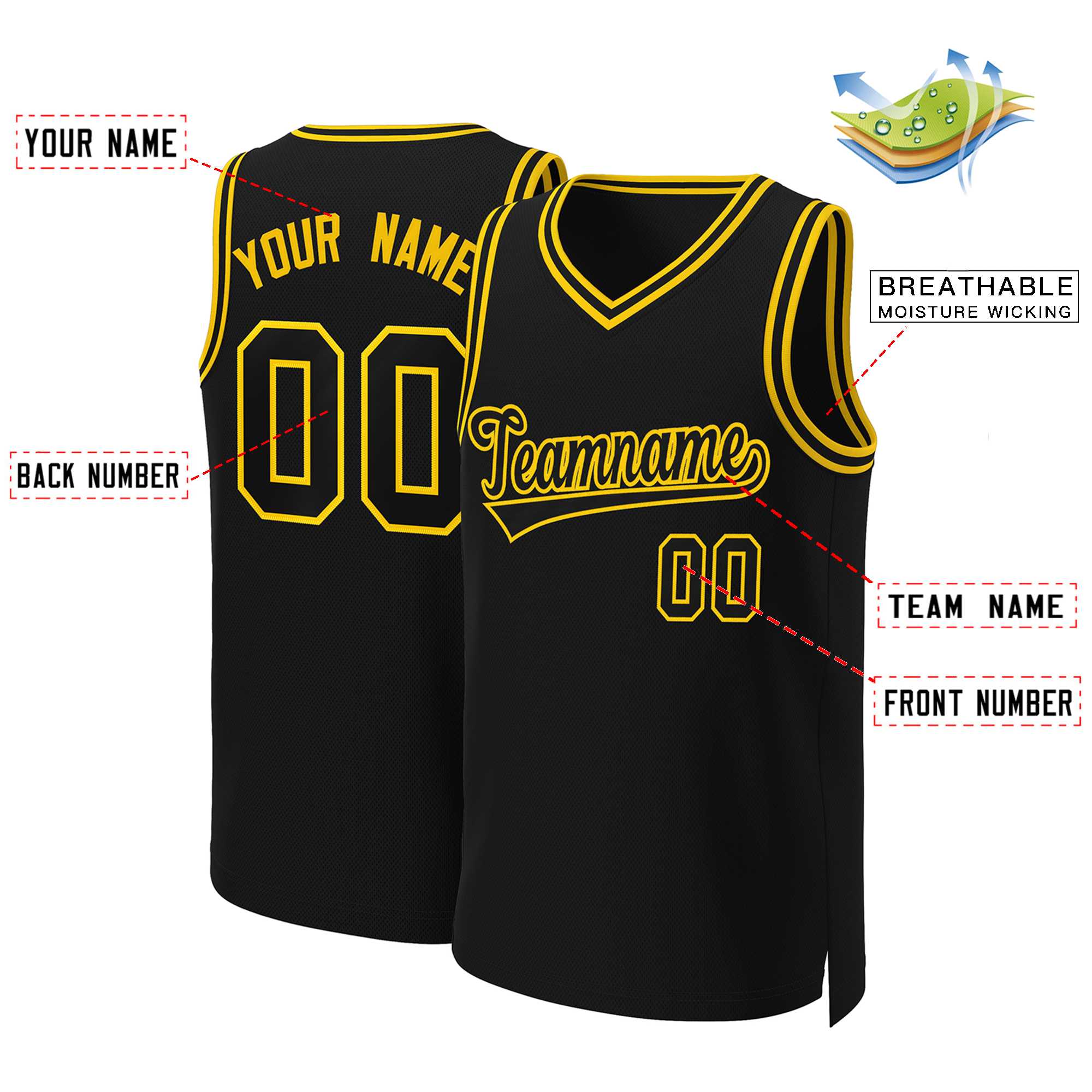 Maillot de basket-ball classique personnalisé noir noir-jaune