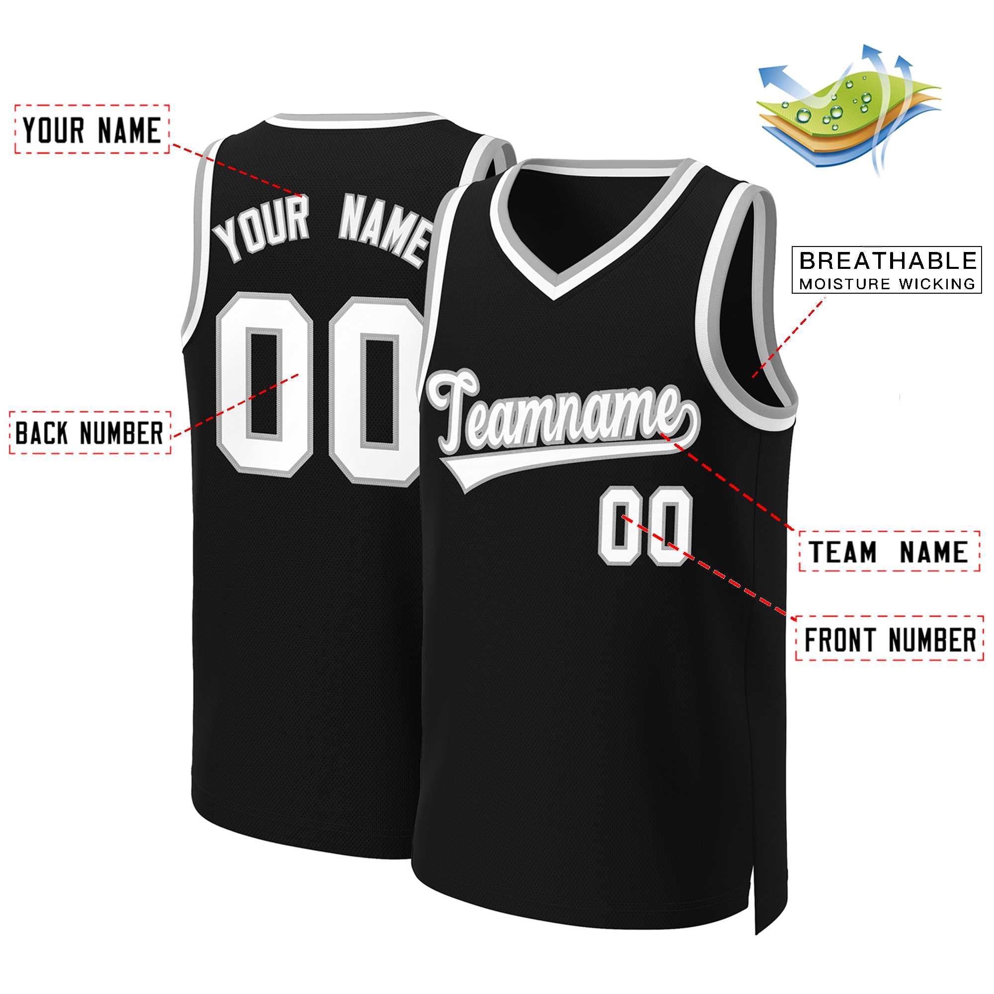 Maillot de basket-ball classique personnalisé noir blanc-gris