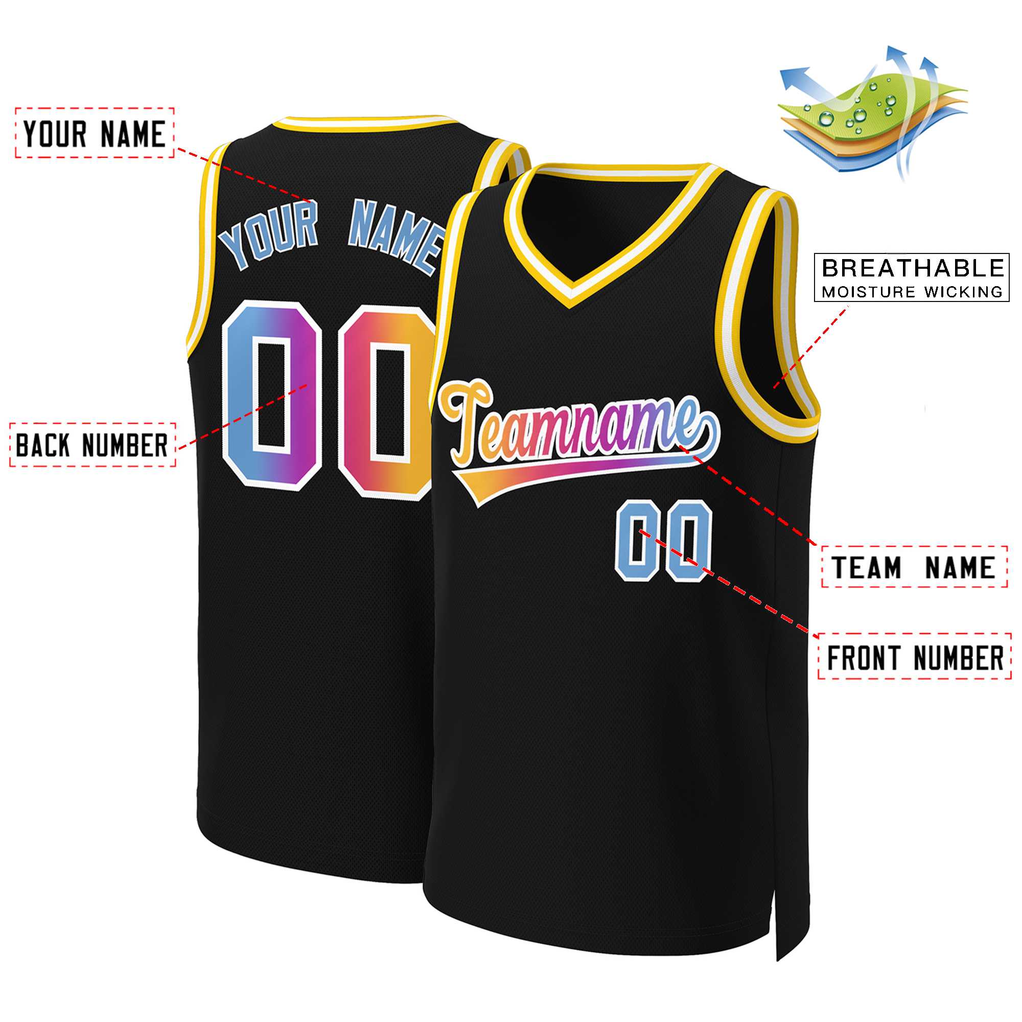 Custom Black Yellow-White Classic Gradient Fashion Tops Basketball Jersey