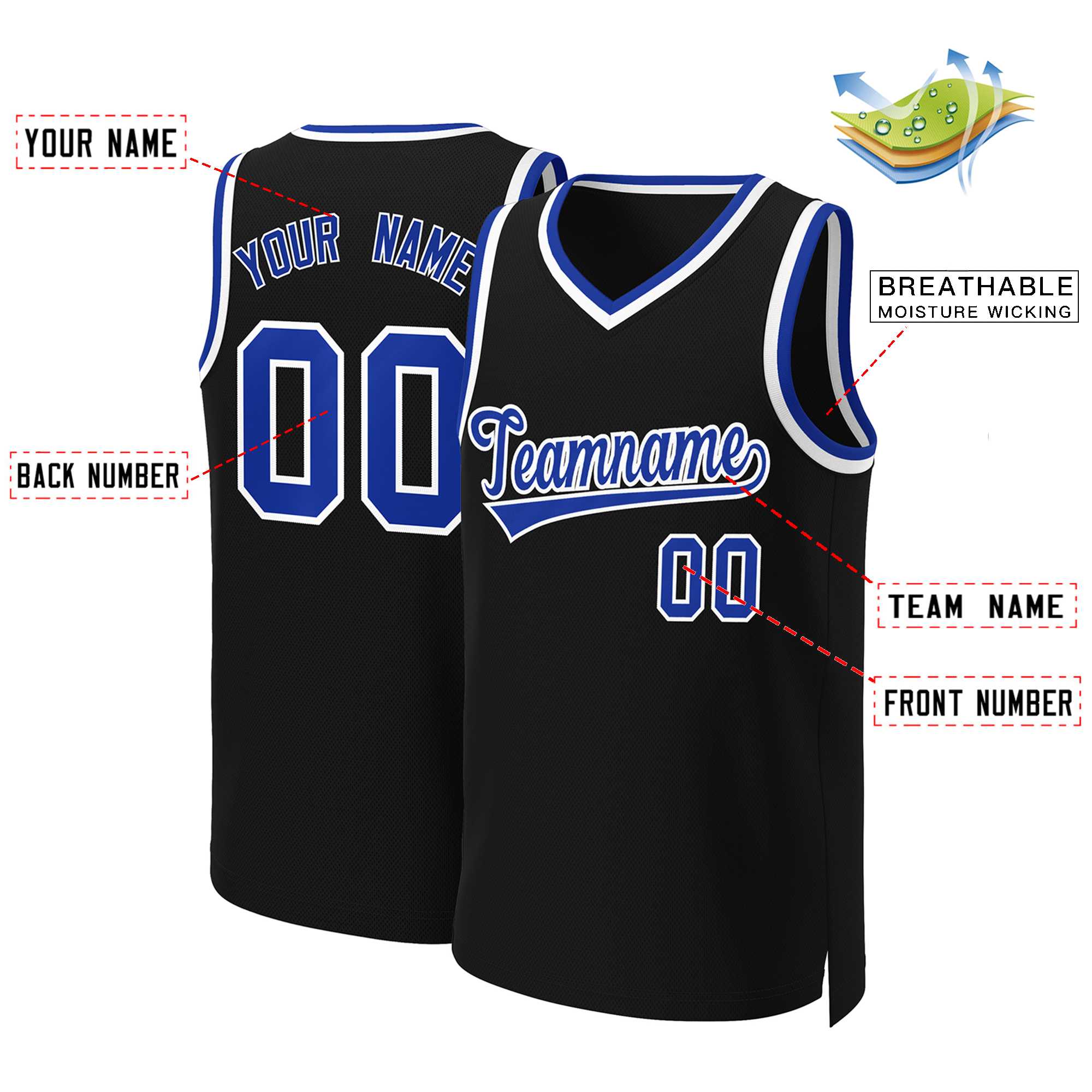 Maillot de basket-ball classique noir Royal-blanc personnalisé