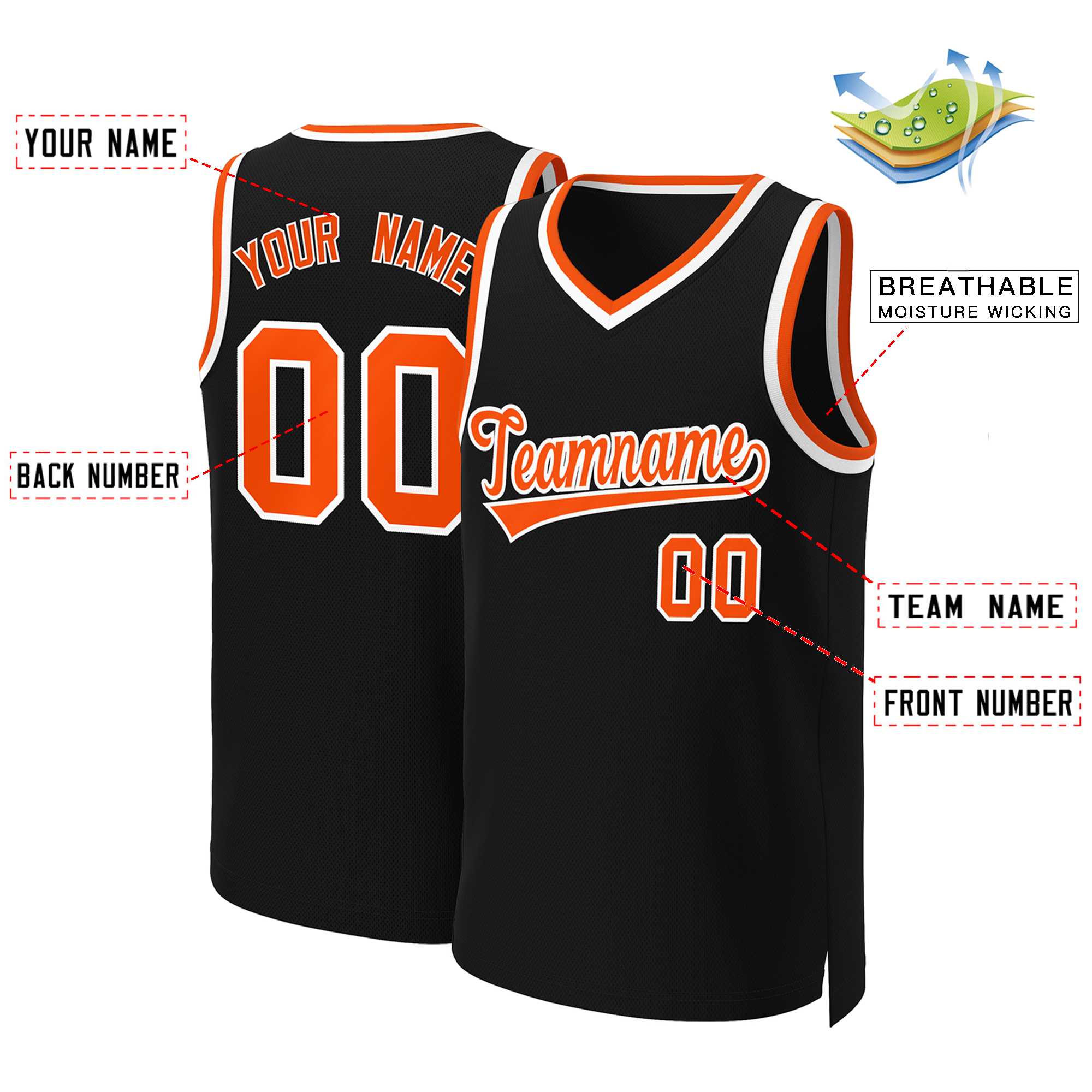 Maillot de basket-ball classique personnalisé noir Orange-blanc