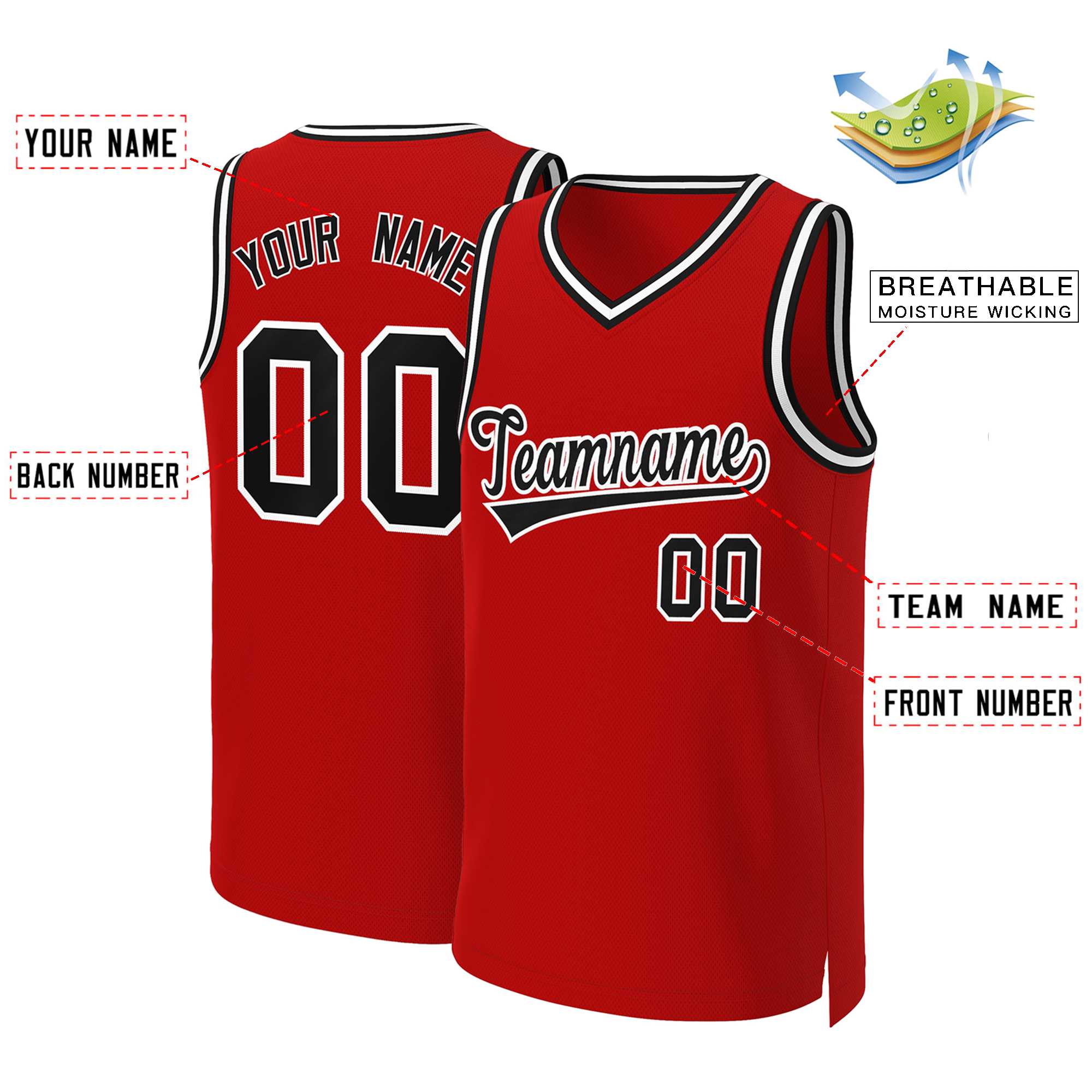 Maillot de basket-ball classique personnalisé rouge noir-blanc