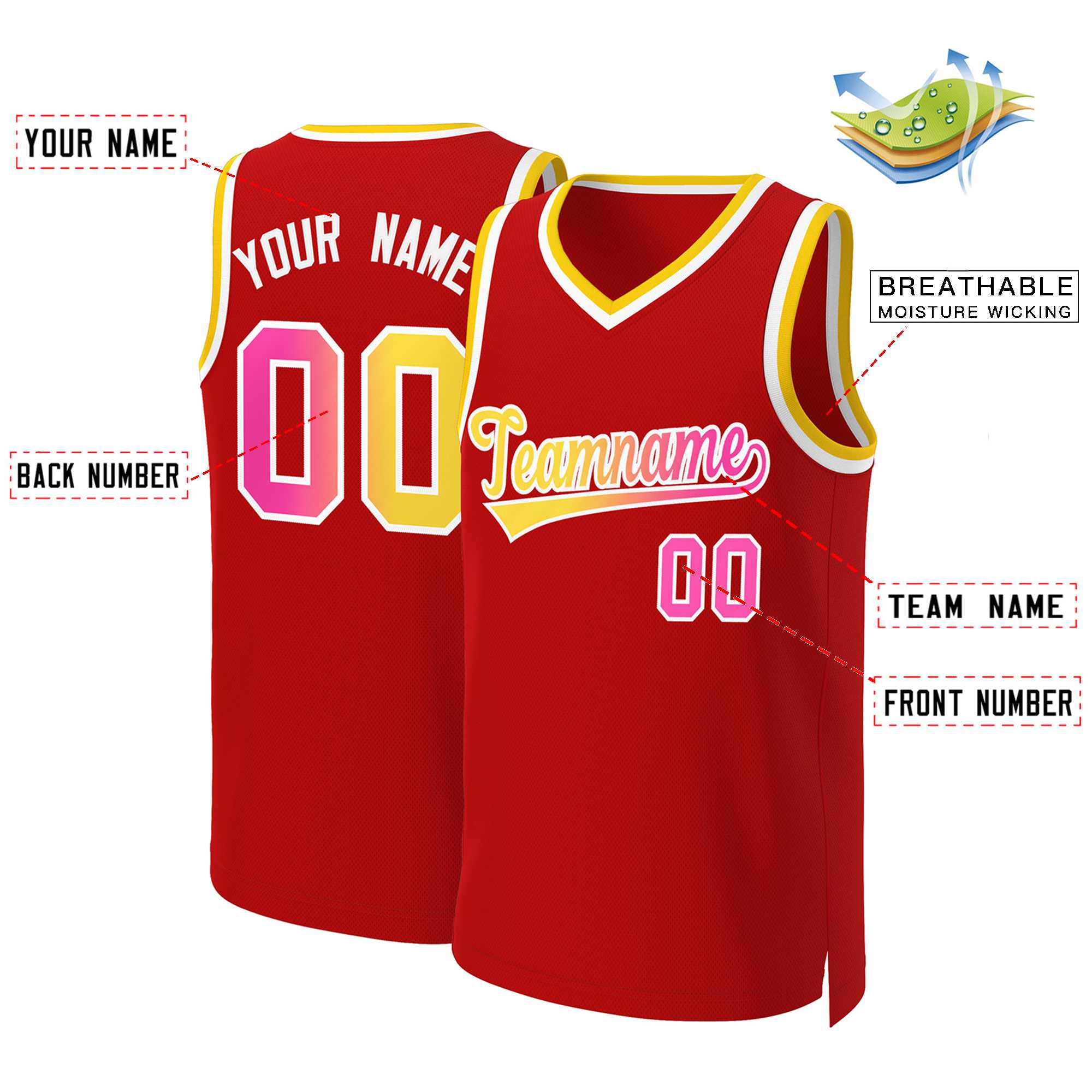 Custom Red Yellow-White Classic Gradient Fashion Tops Basketball Jersey