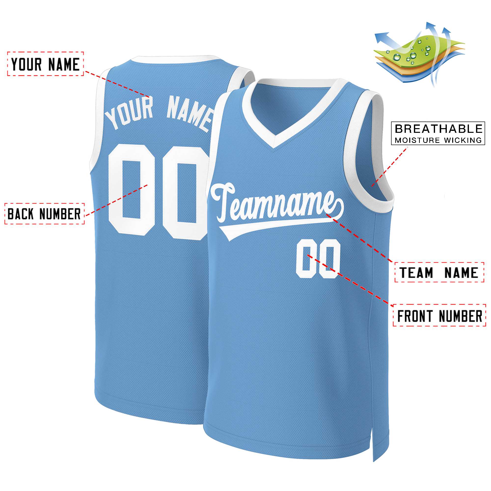 Maillot de basket-ball classique bleu clair et blanc personnalisé