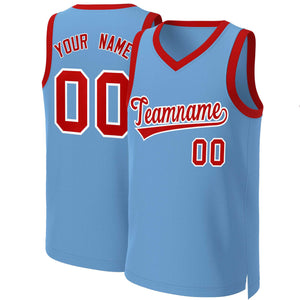 Maillot de basket-ball classique personnalisé, bleu clair, rouge et blanc