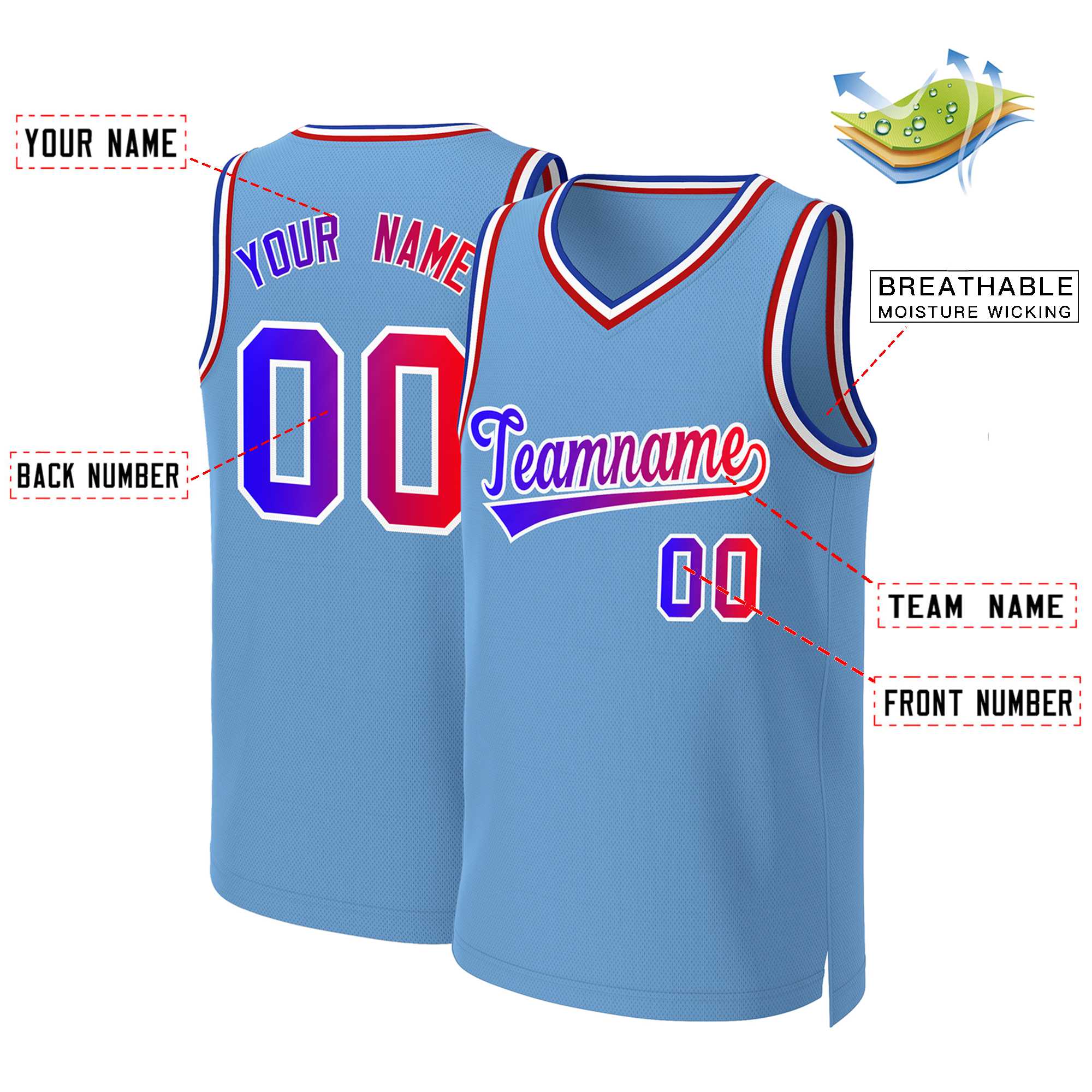 Maillot de basket-ball personnalisé, bleu clair, bleu-blanc, dégradé classique, hauts à la mode