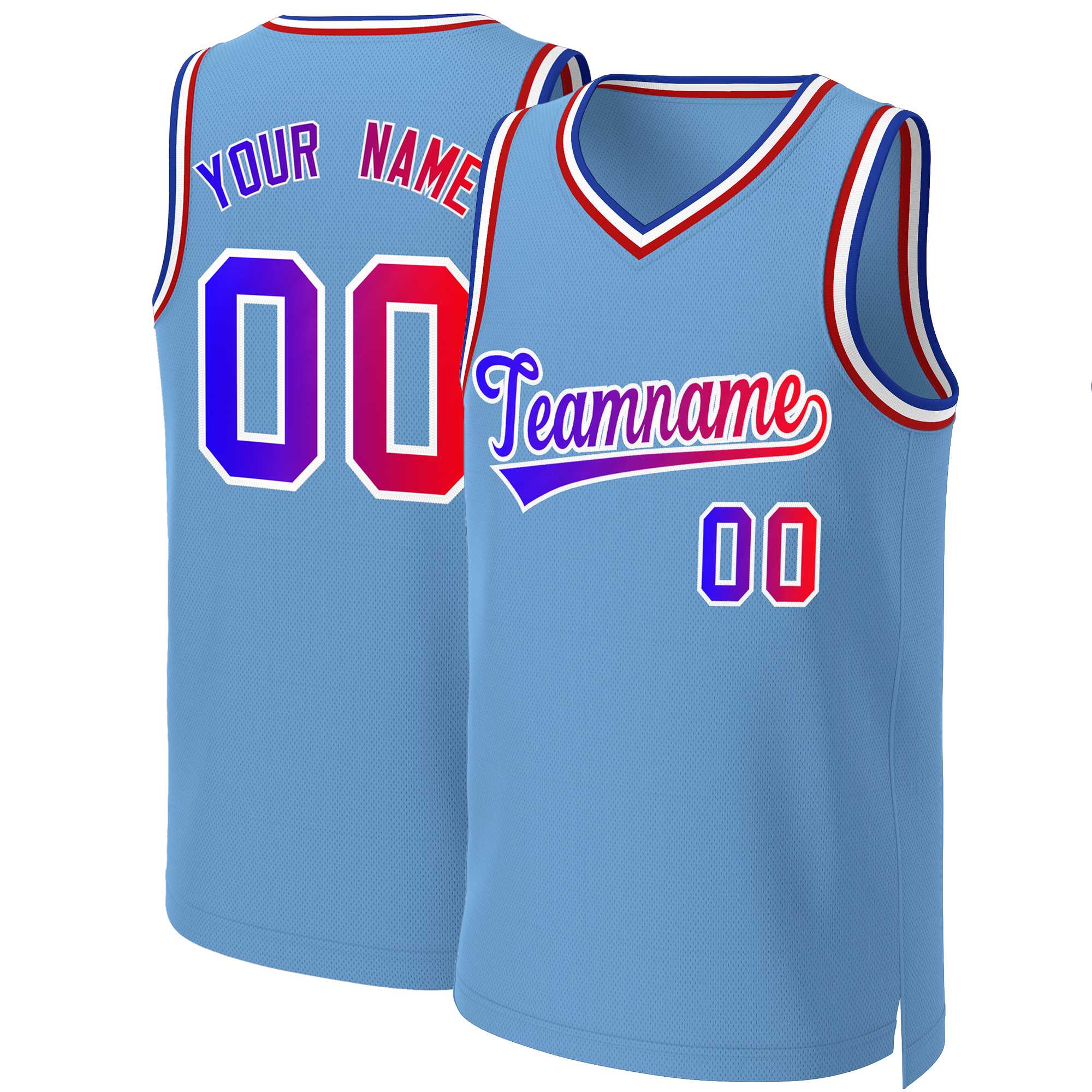 Maillot de basket-ball personnalisé, bleu clair, bleu-blanc, dégradé classique, hauts à la mode