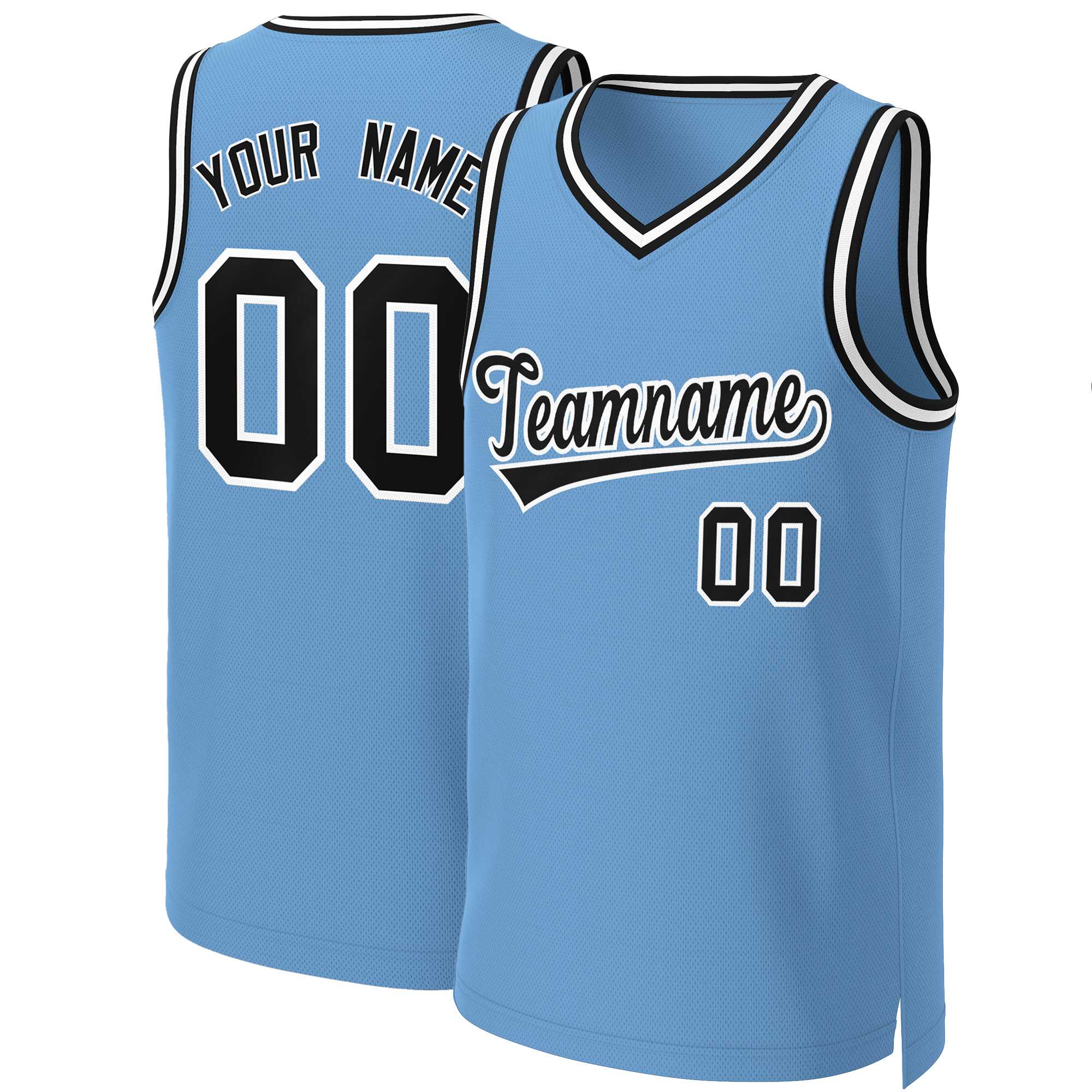 Maillot de basket-ball classique personnalisé, bleu clair, noir et blanc