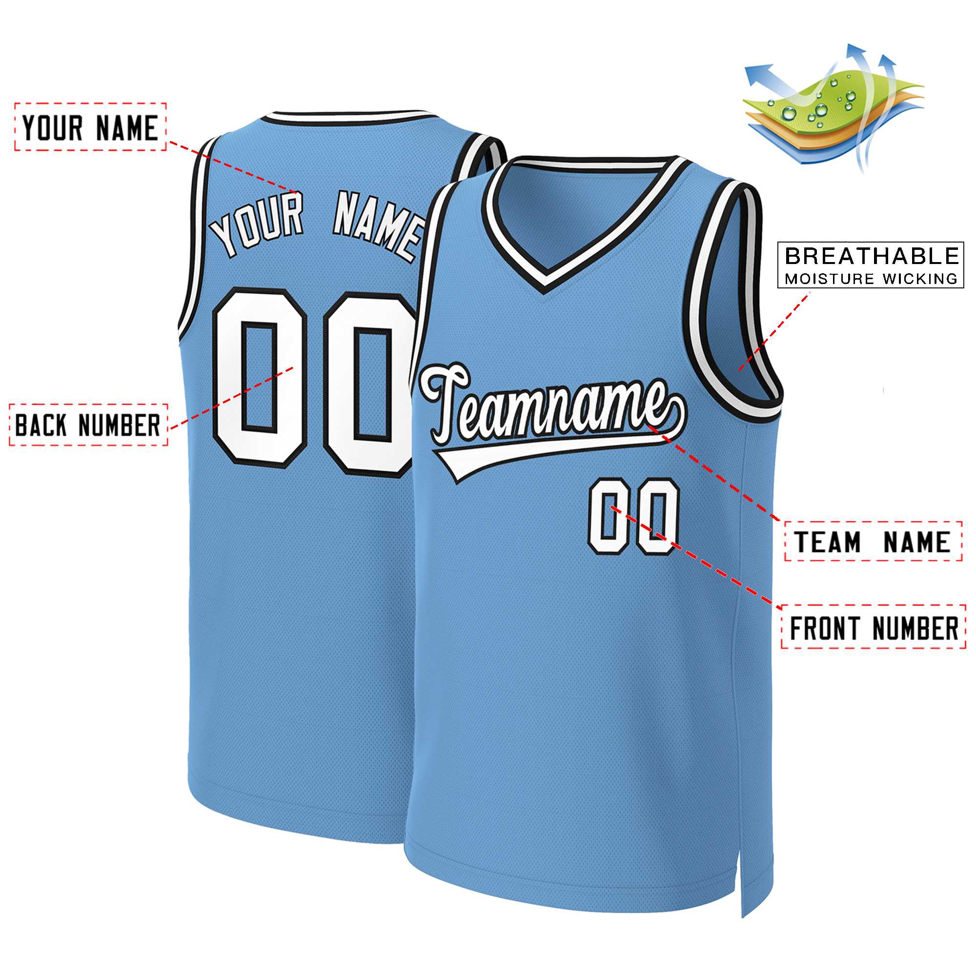 Maillot de basket-ball classique personnalisé, bleu clair, blanc et noir