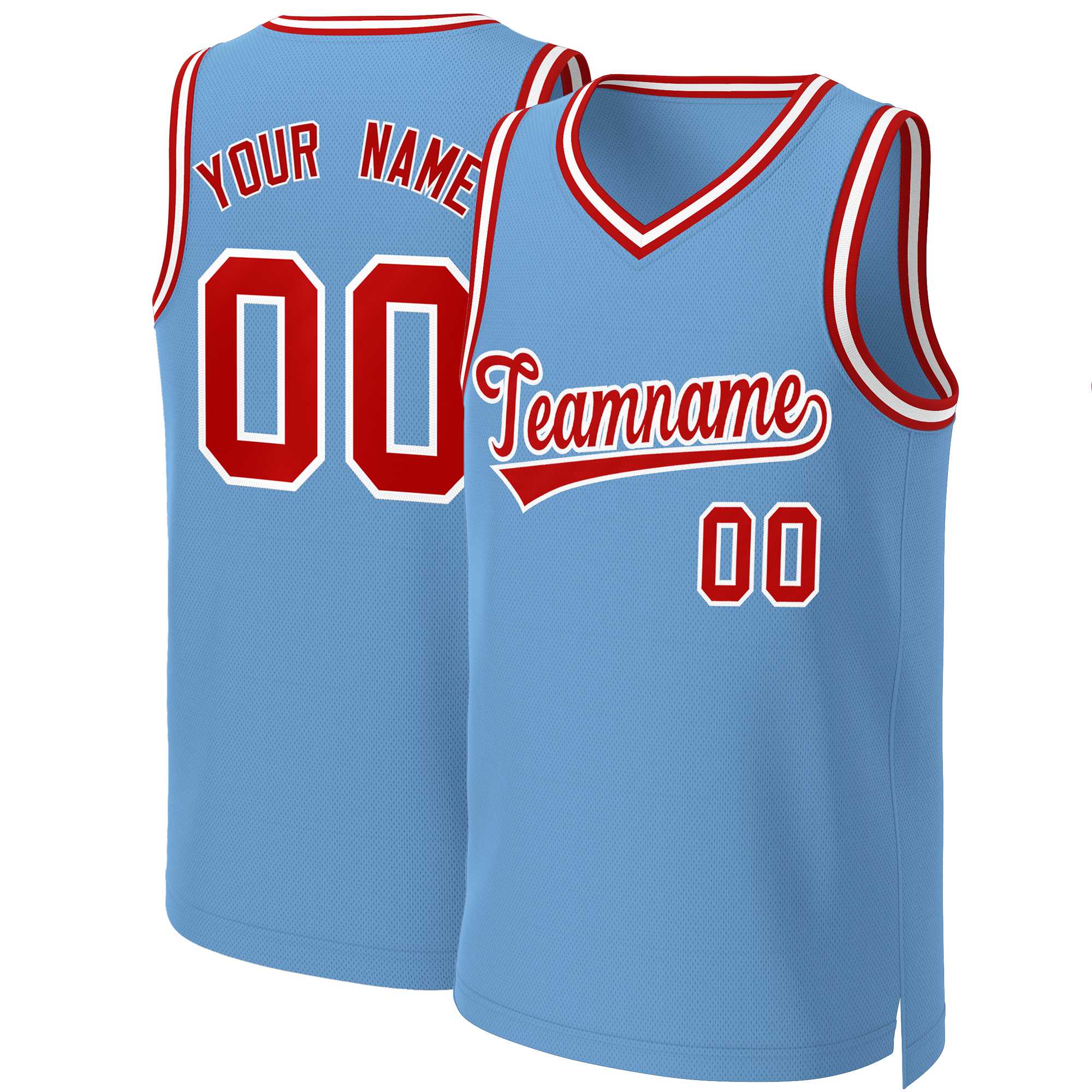 Maillot de basket-ball classique personnalisé bleu clair rouge-blanc