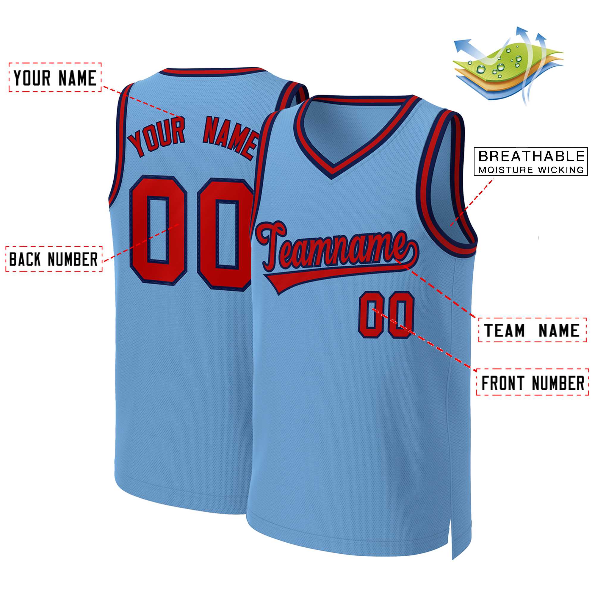 Maillot de basket-ball classique personnalisé bleu clair rouge-marine