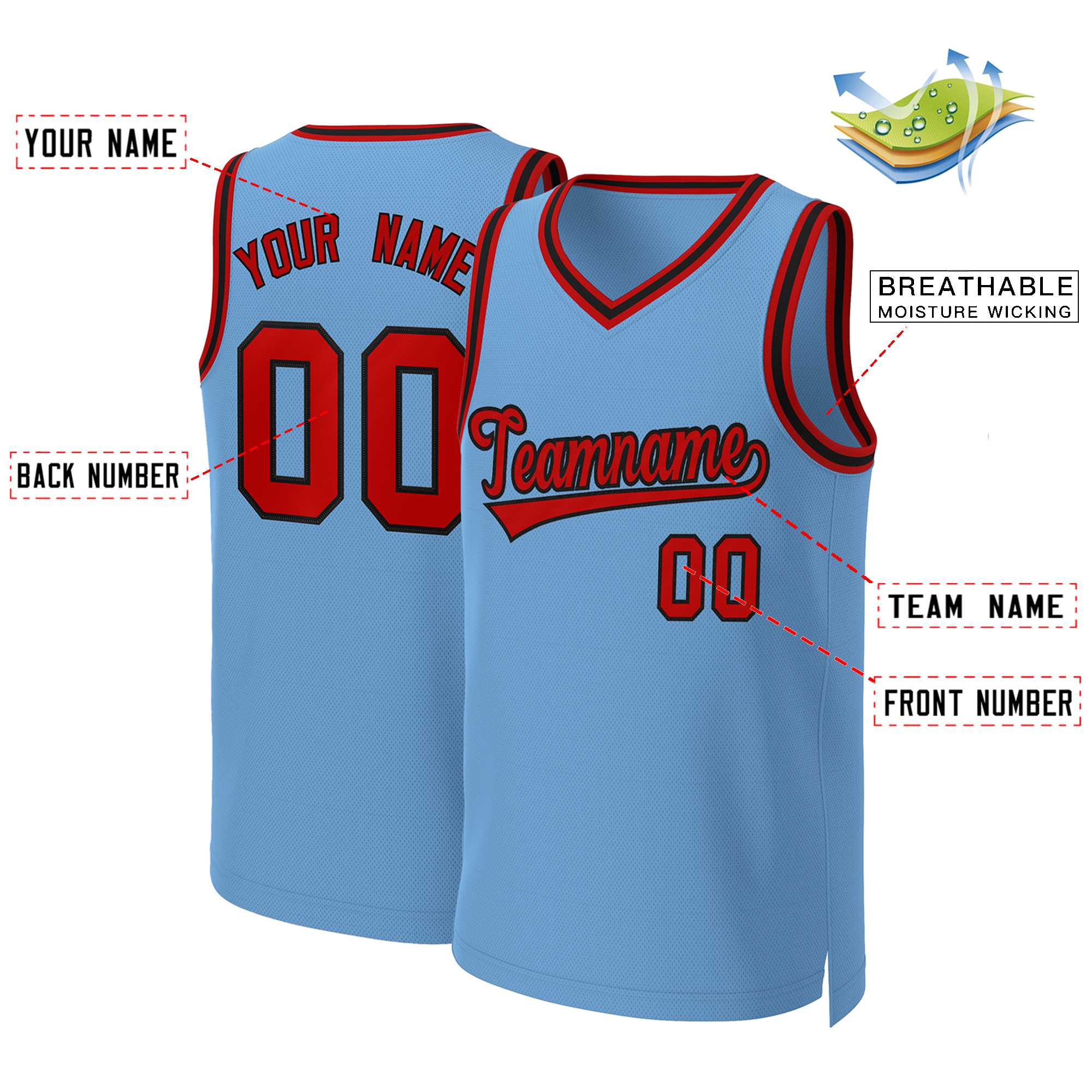 Maillot de basket-ball classique personnalisé bleu clair rouge-noir