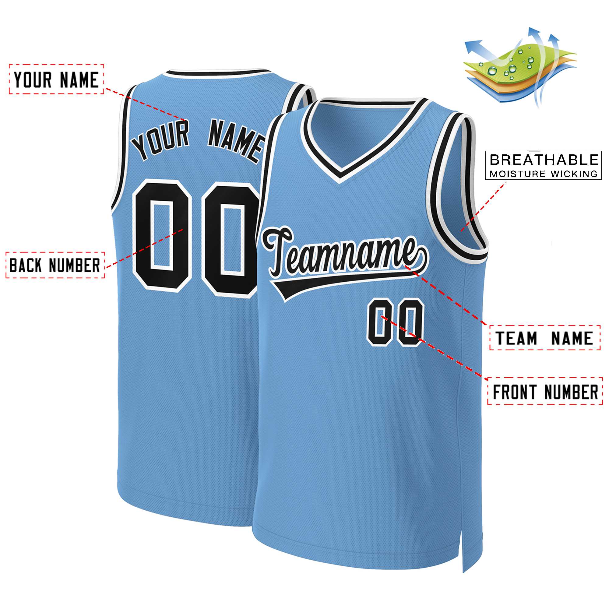 Maillot de basket-ball classique personnalisé, bleu clair, noir et blanc