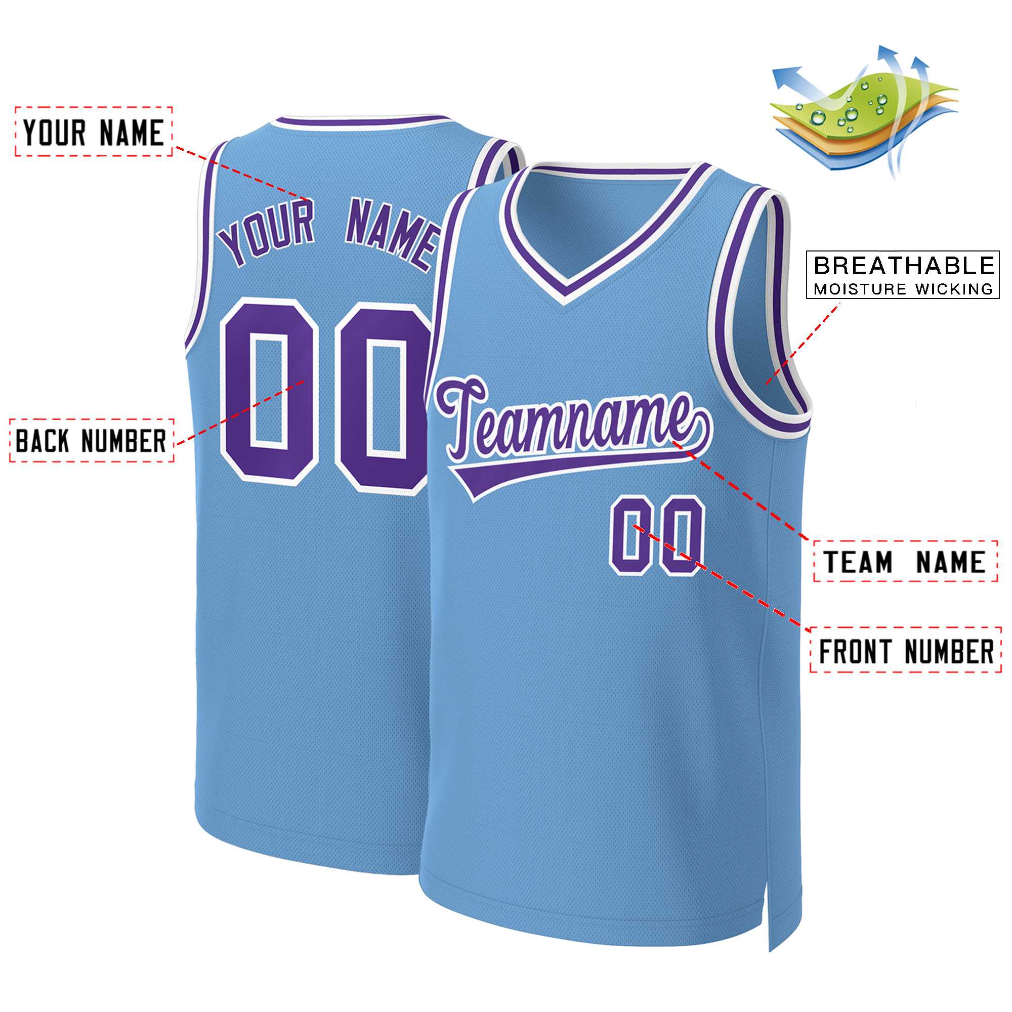 Maillot de basket-ball classique personnalisé, bleu clair, violet-blanc