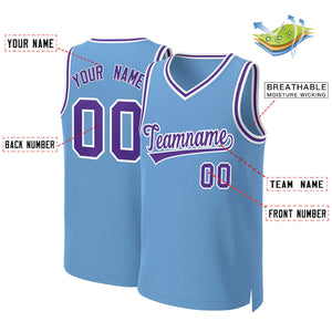 Maillot de basket-ball classique personnalisé, bleu clair, violet-blanc