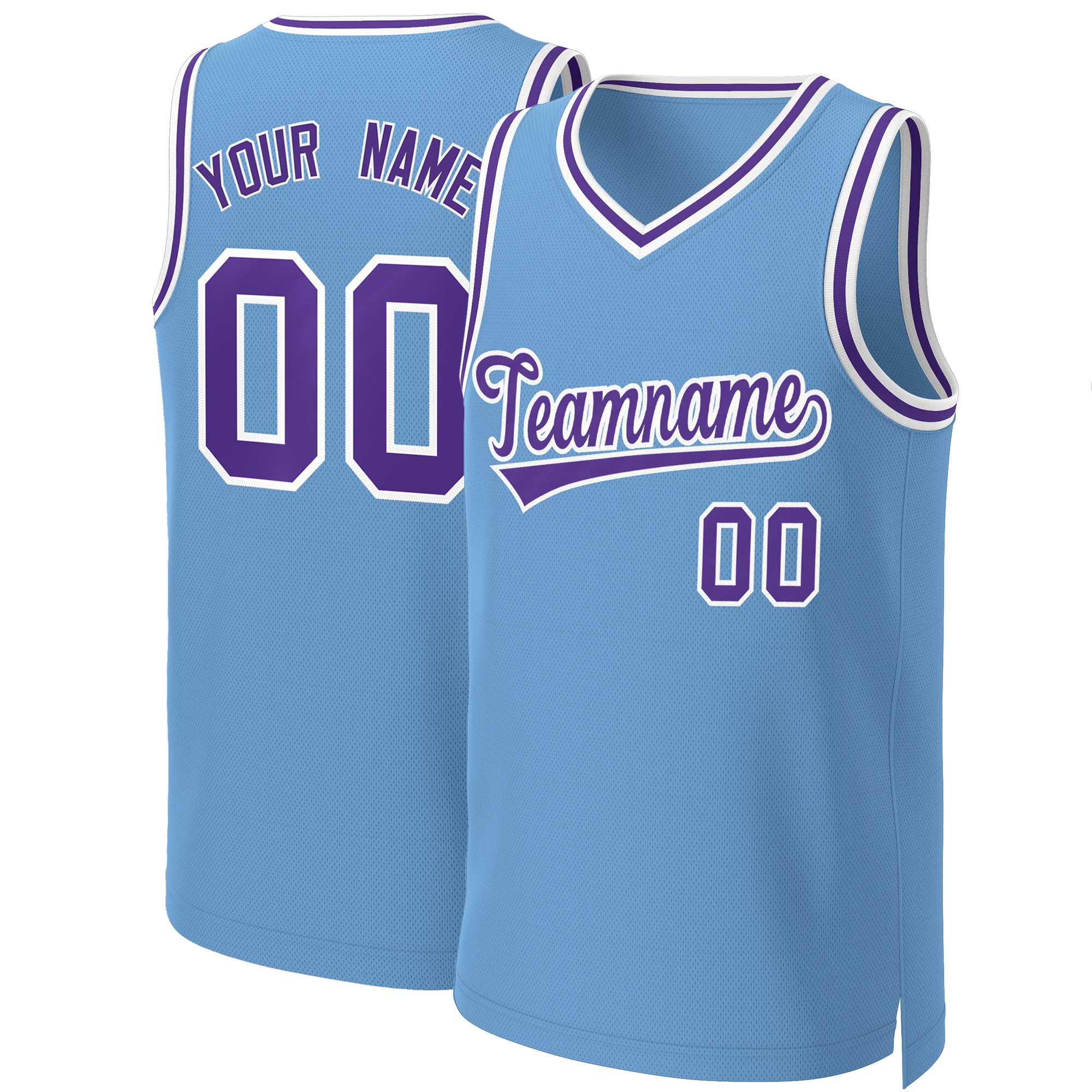 Maillot de basket-ball classique personnalisé, bleu clair, violet-blanc