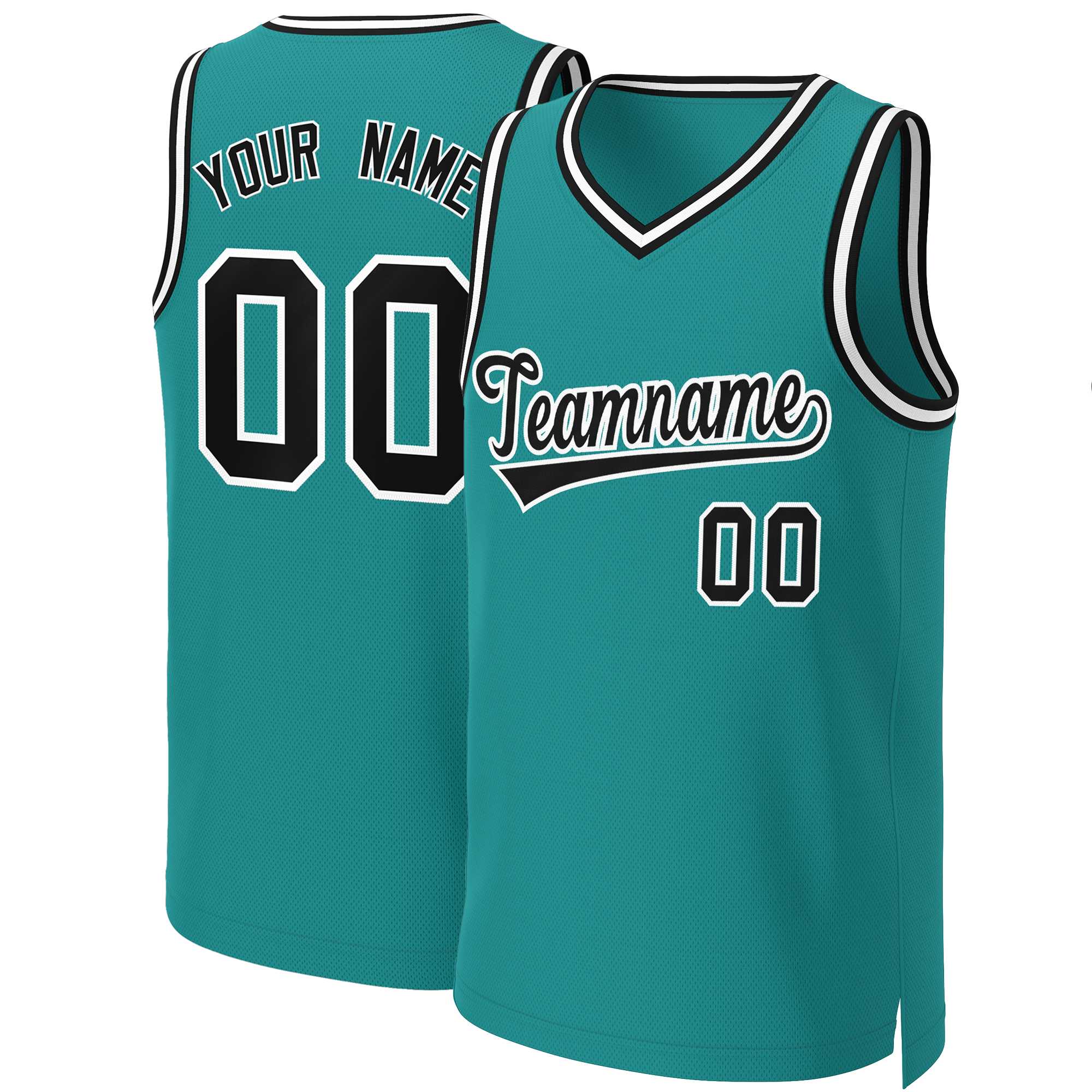 Maillot de basket-ball classique personnalisé, bleu sarcelle, noir et blanc