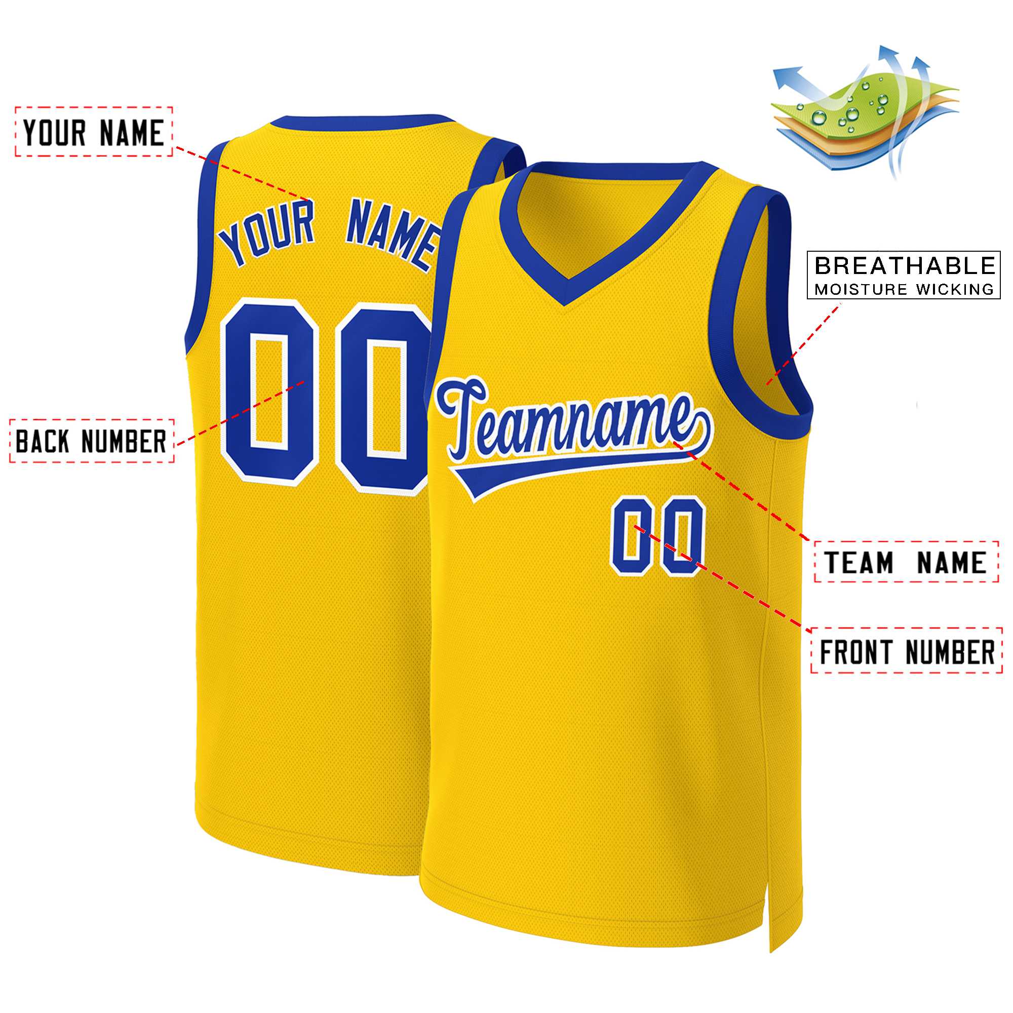 Maillot de basket-ball classique jaune Royal-blanc personnalisé