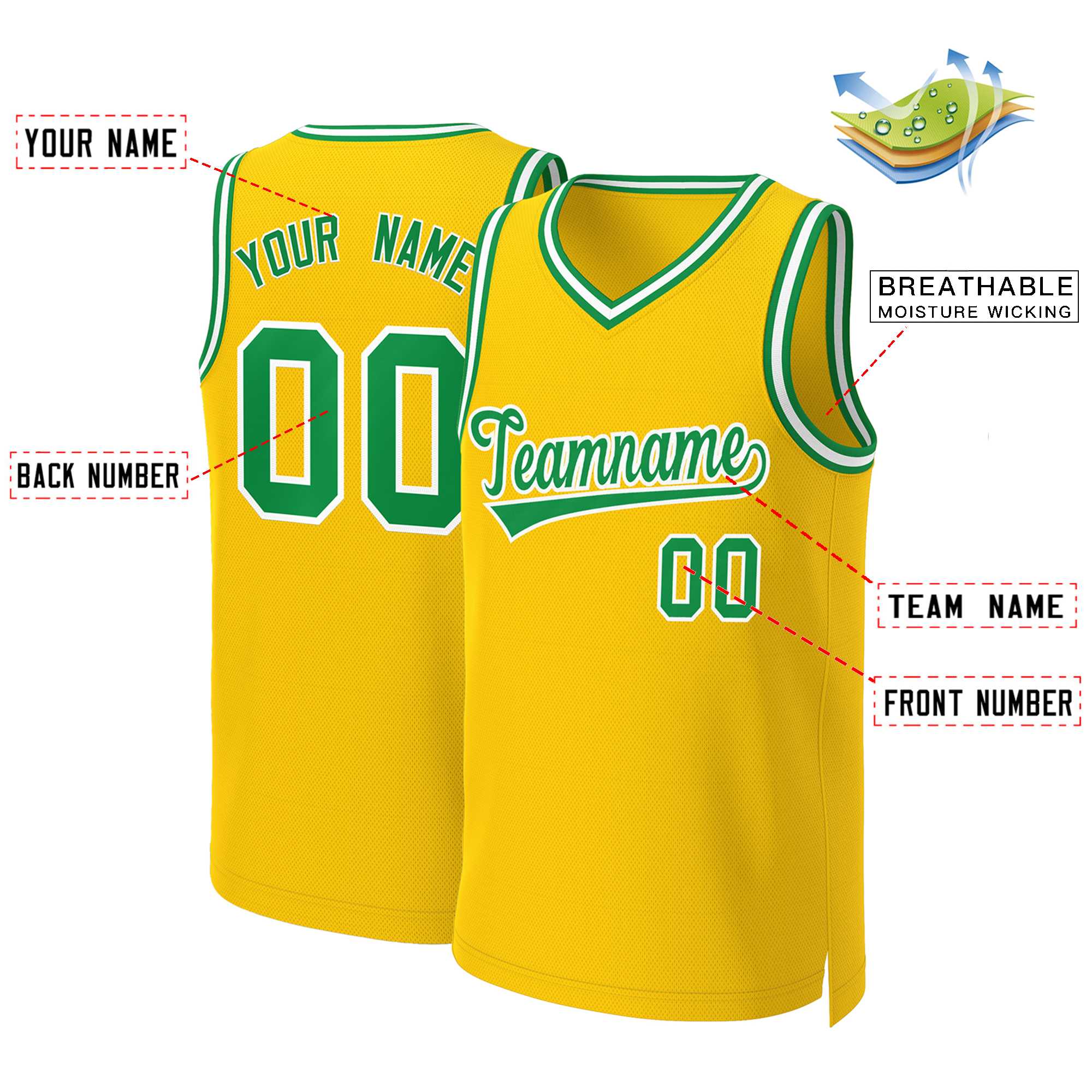 Maillot de basket-ball classique jaune Kelly vert-blanc personnalisé