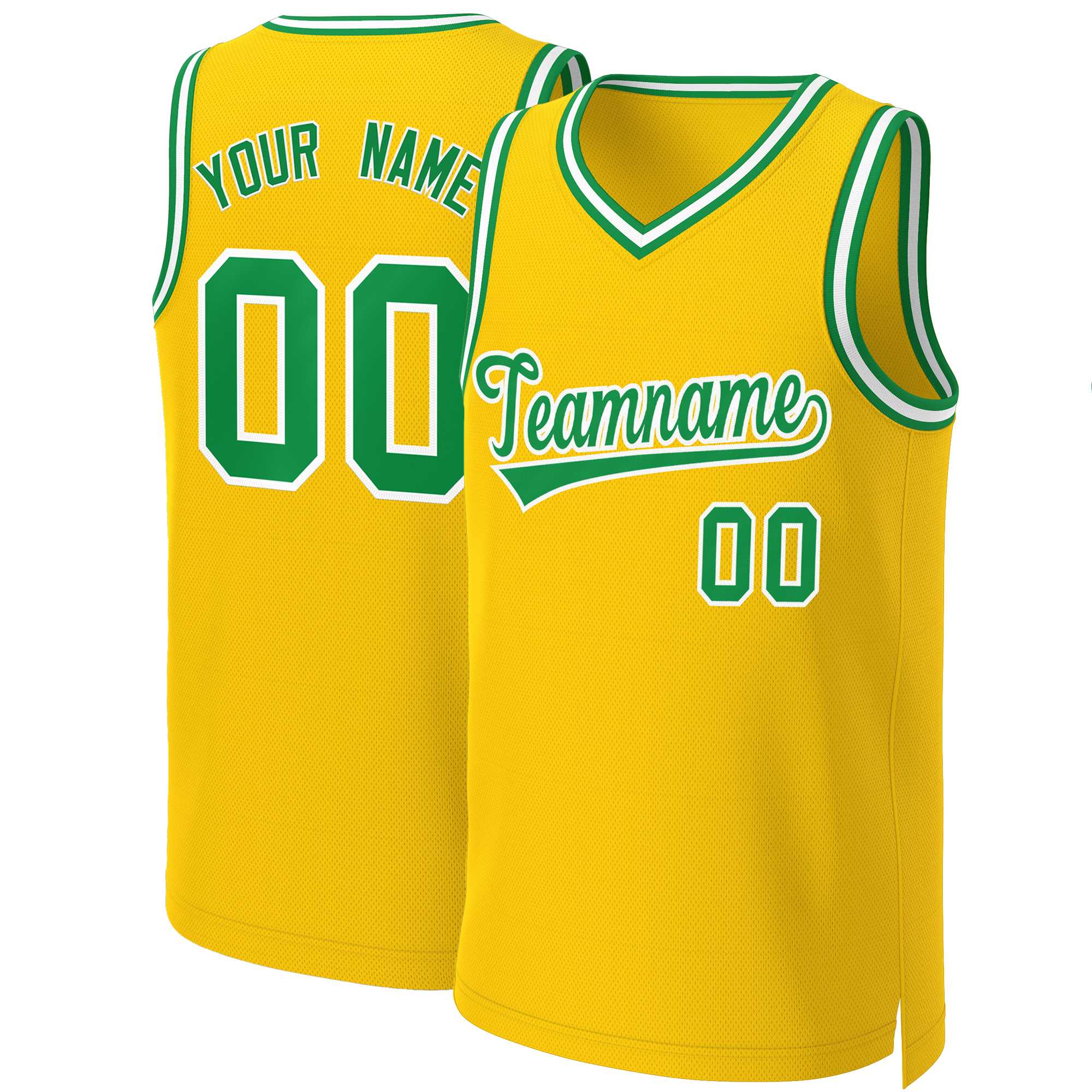 Maillot de basket-ball classique jaune Kelly vert-blanc personnalisé