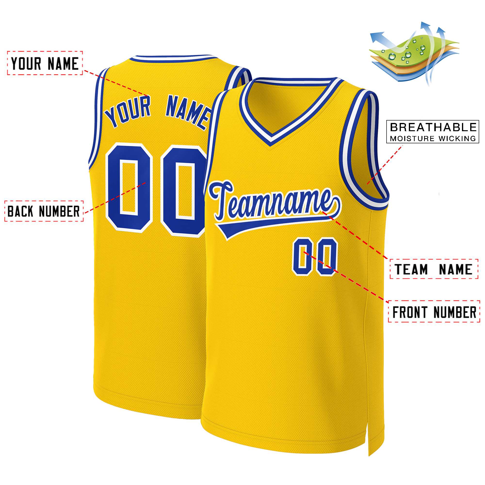 Maillot de basket-ball classique jaune Royal-blanc personnalisé