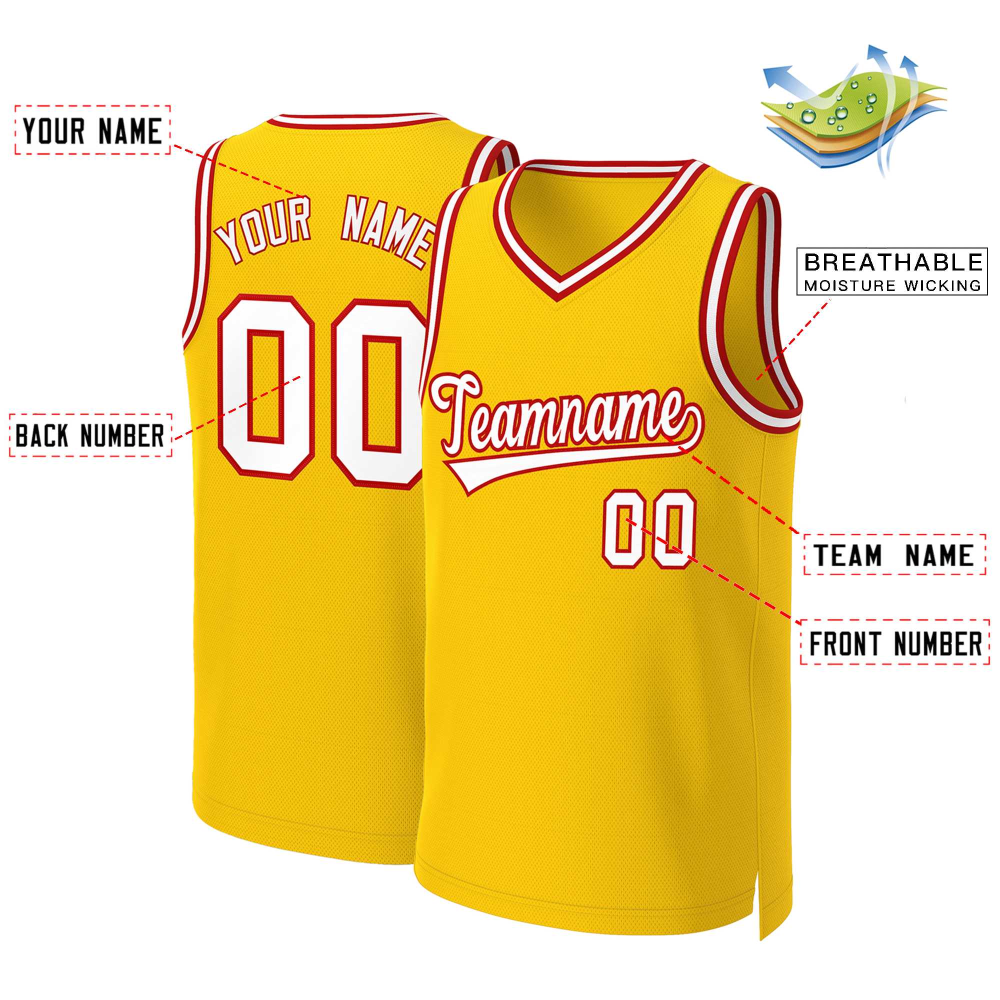 Maillot de basket-ball classique jaune blanc-rouge personnalisé