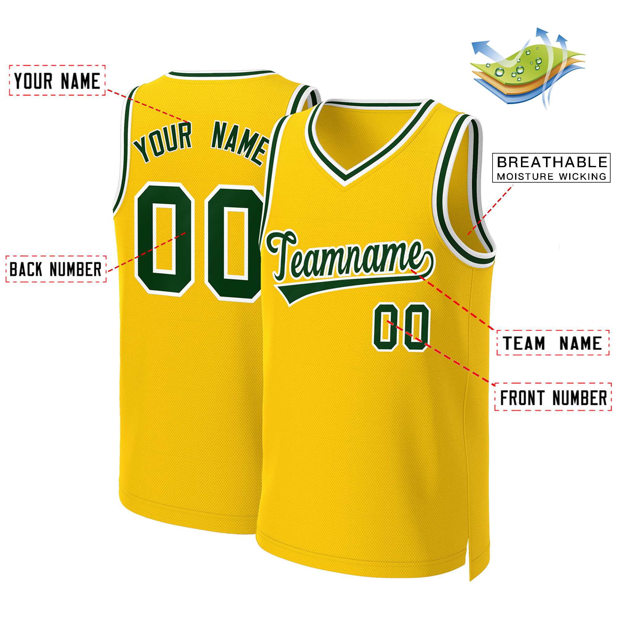 Maillot de basket-ball classique personnalisé jaune vert-blanc