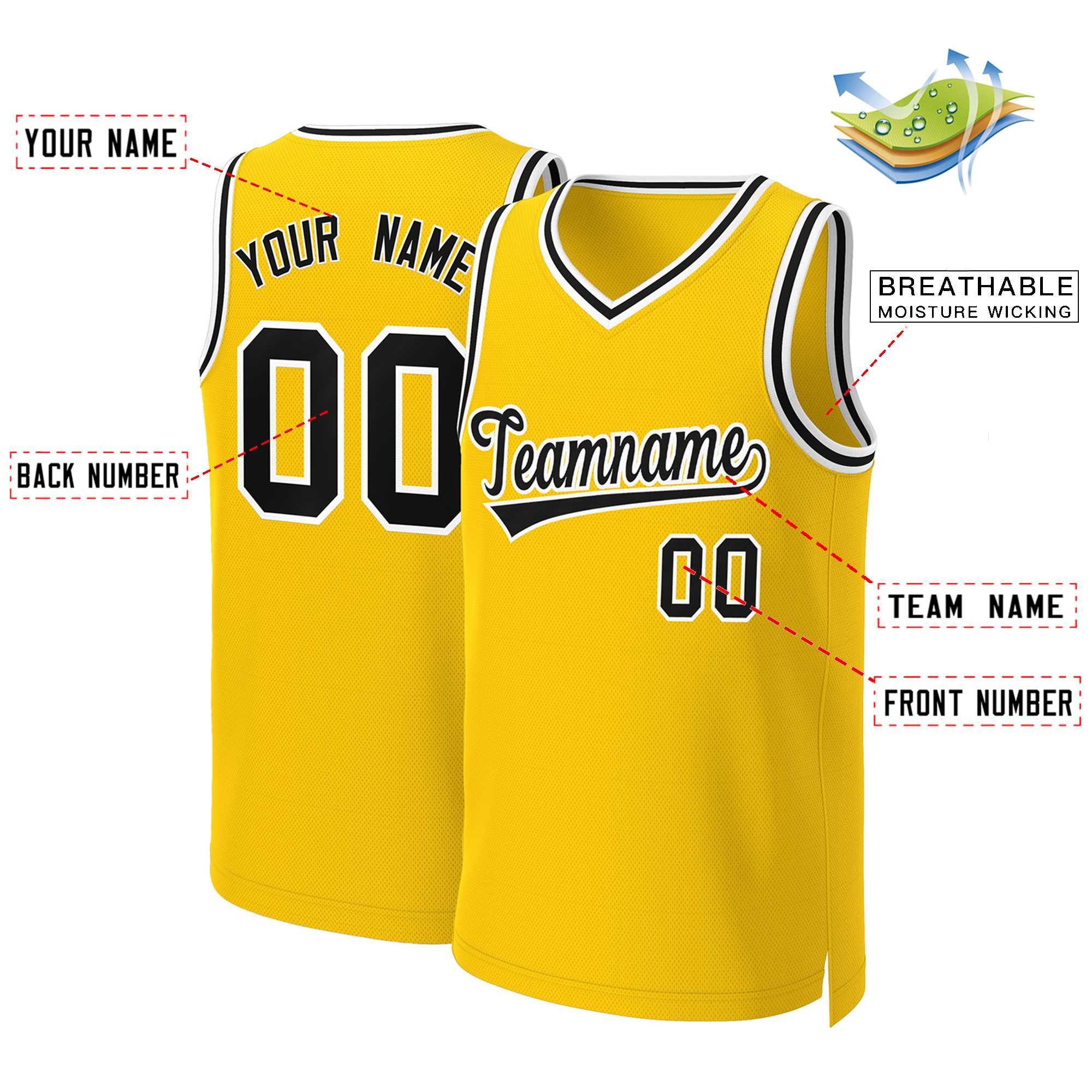 Maillot de basket-ball classique personnalisé jaune noir-blanc