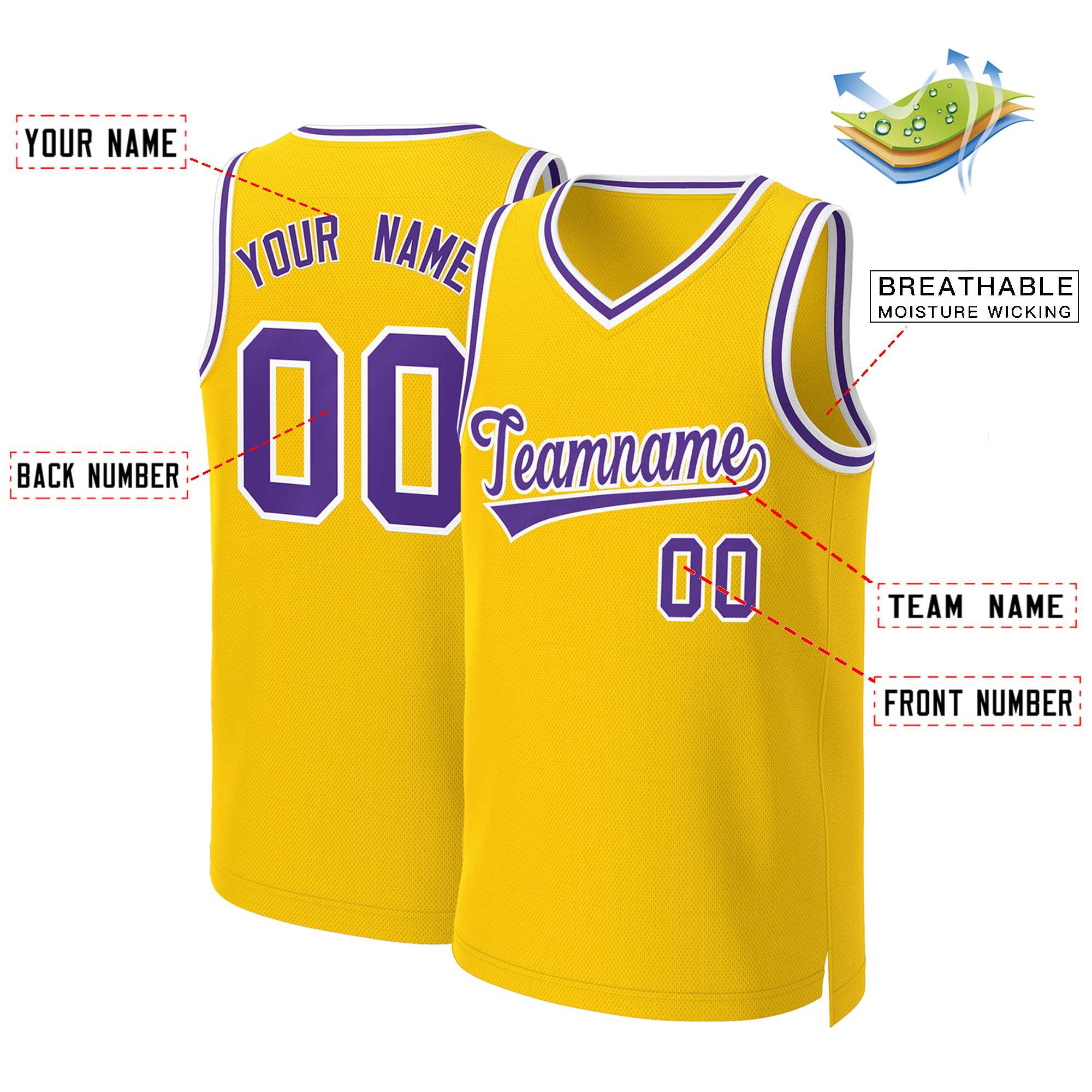 Maillot de basket-ball classique personnalisé jaune violet-blanc