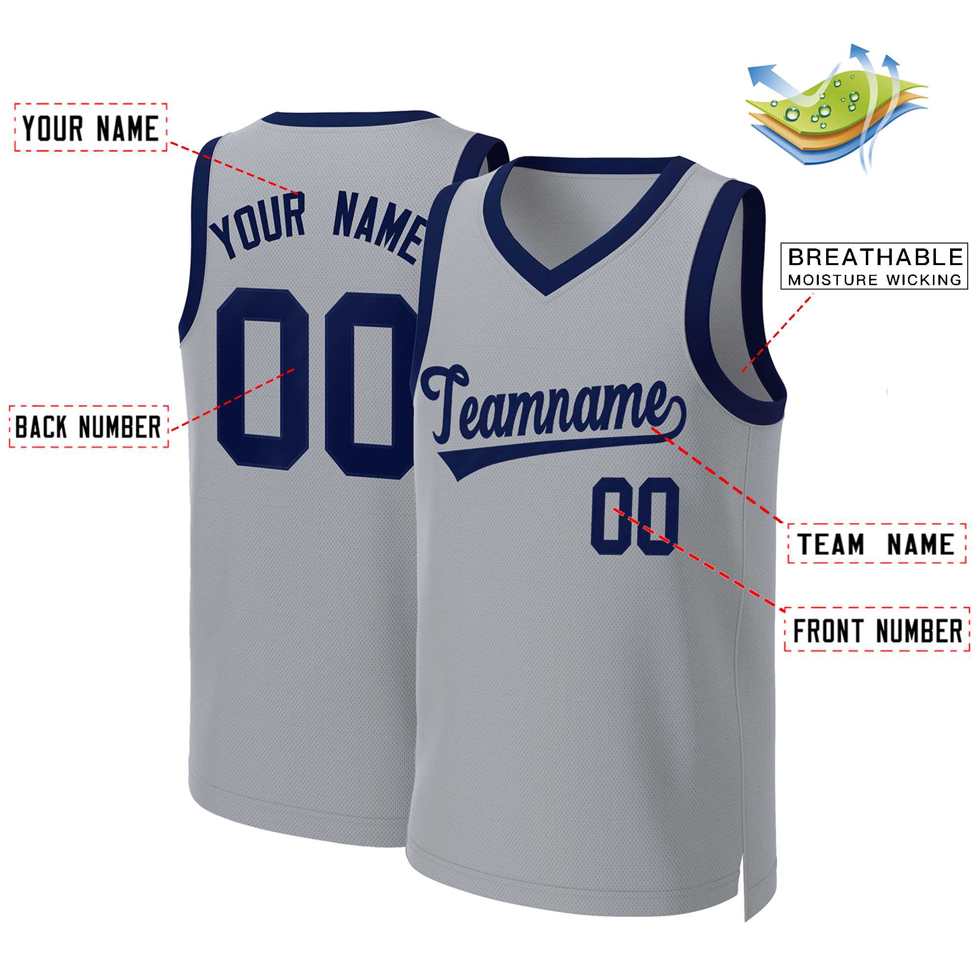 Custom Gray Navy Classic Tops Basketball Jersey