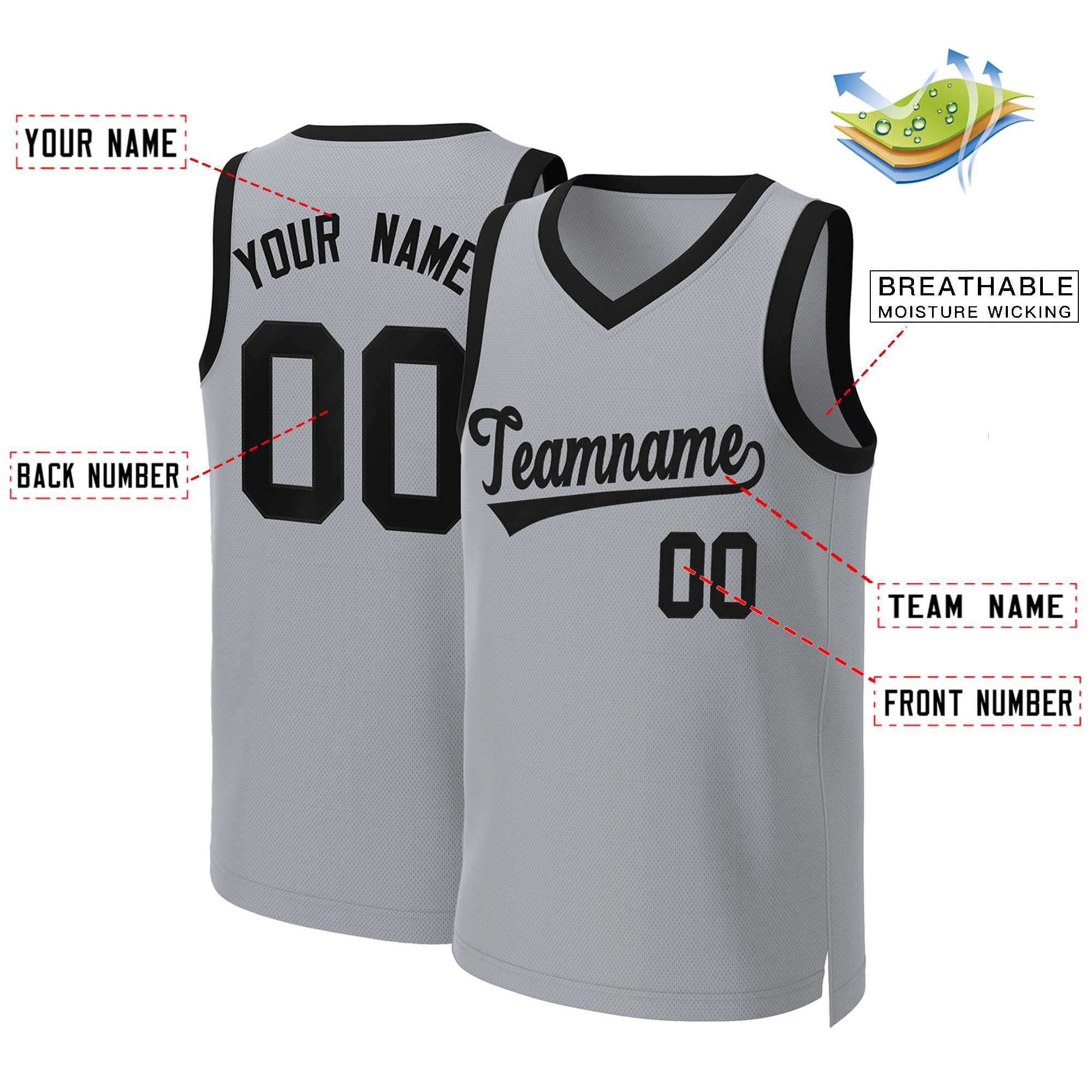 Maillot de basket-ball classique gris noir personnalisé