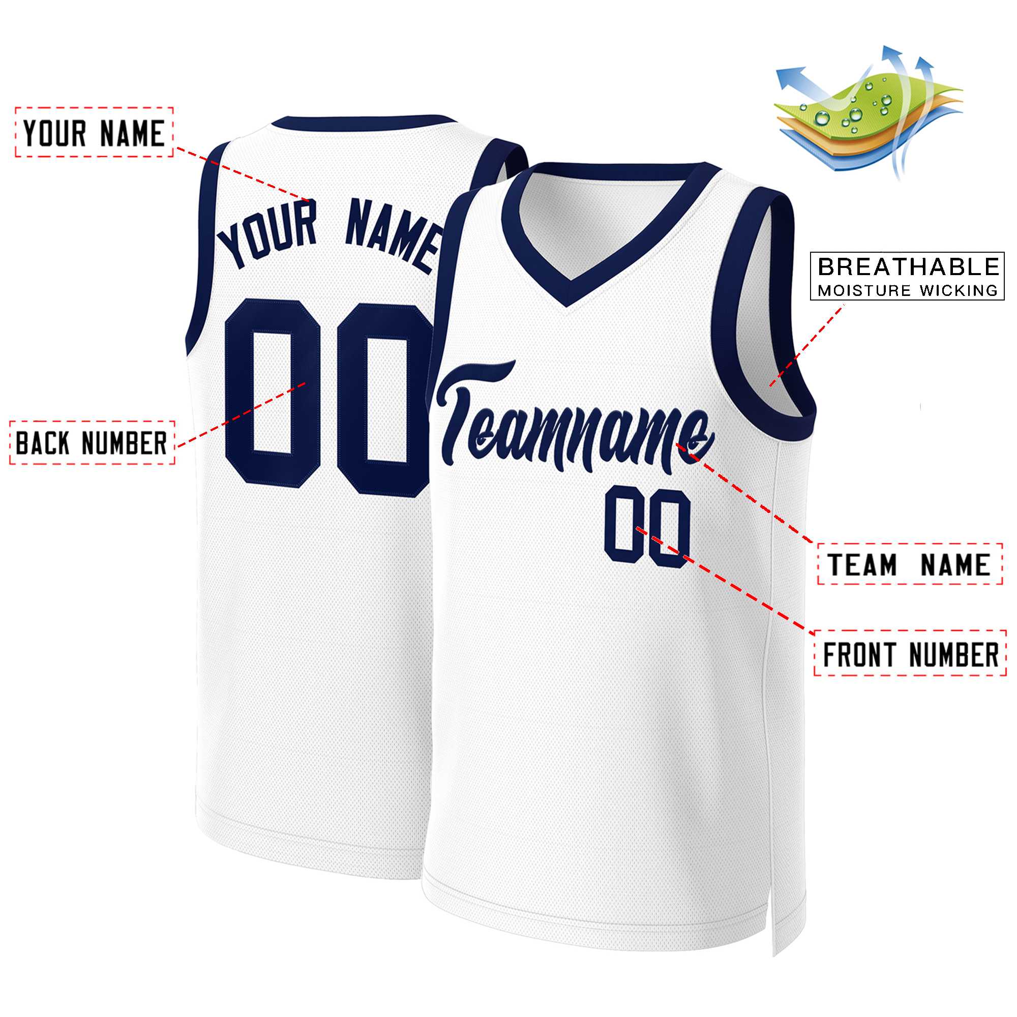 Maillot de basket-ball classique blanc et bleu marine personnalisé