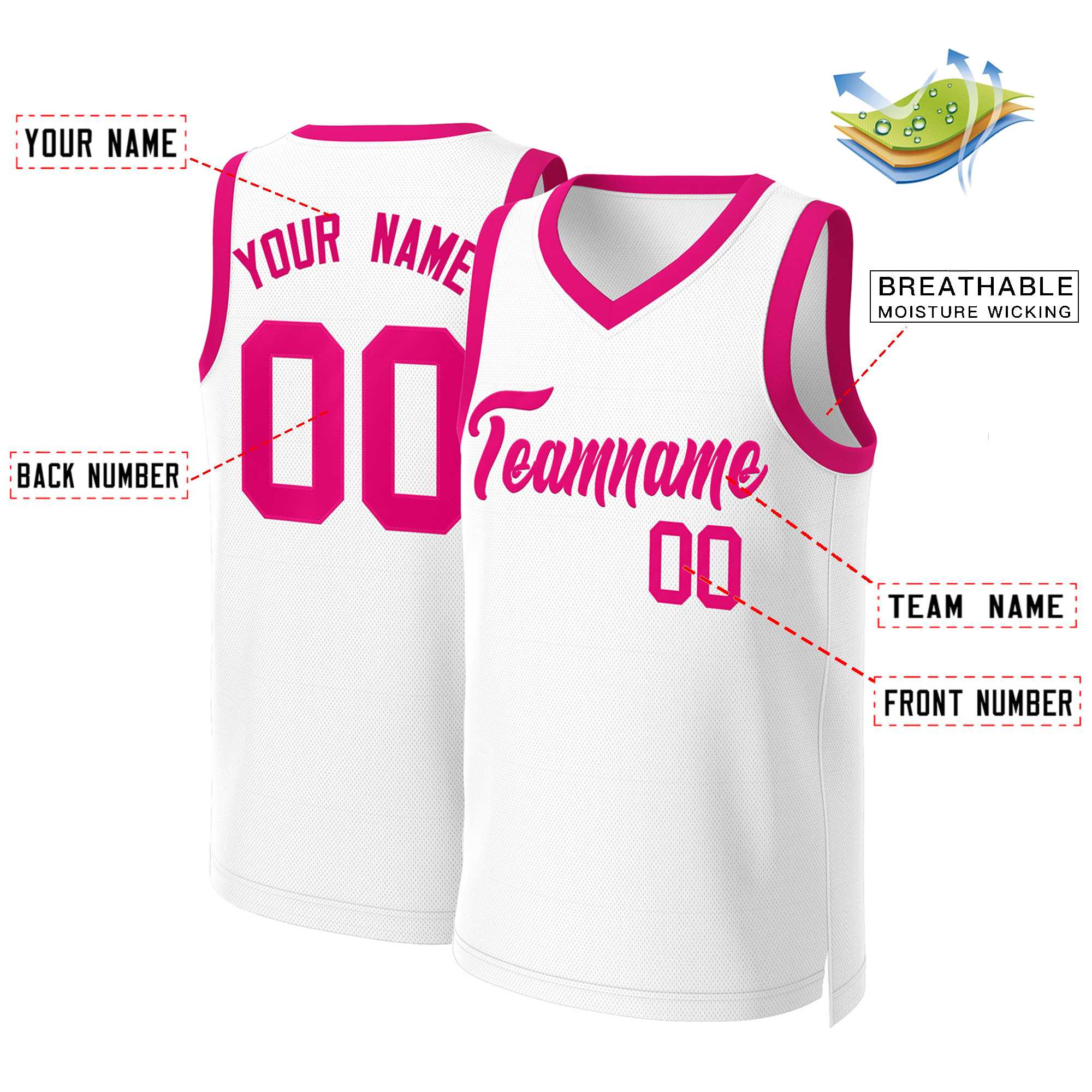 Custom White Pink Classic Tops Basketball Jersey