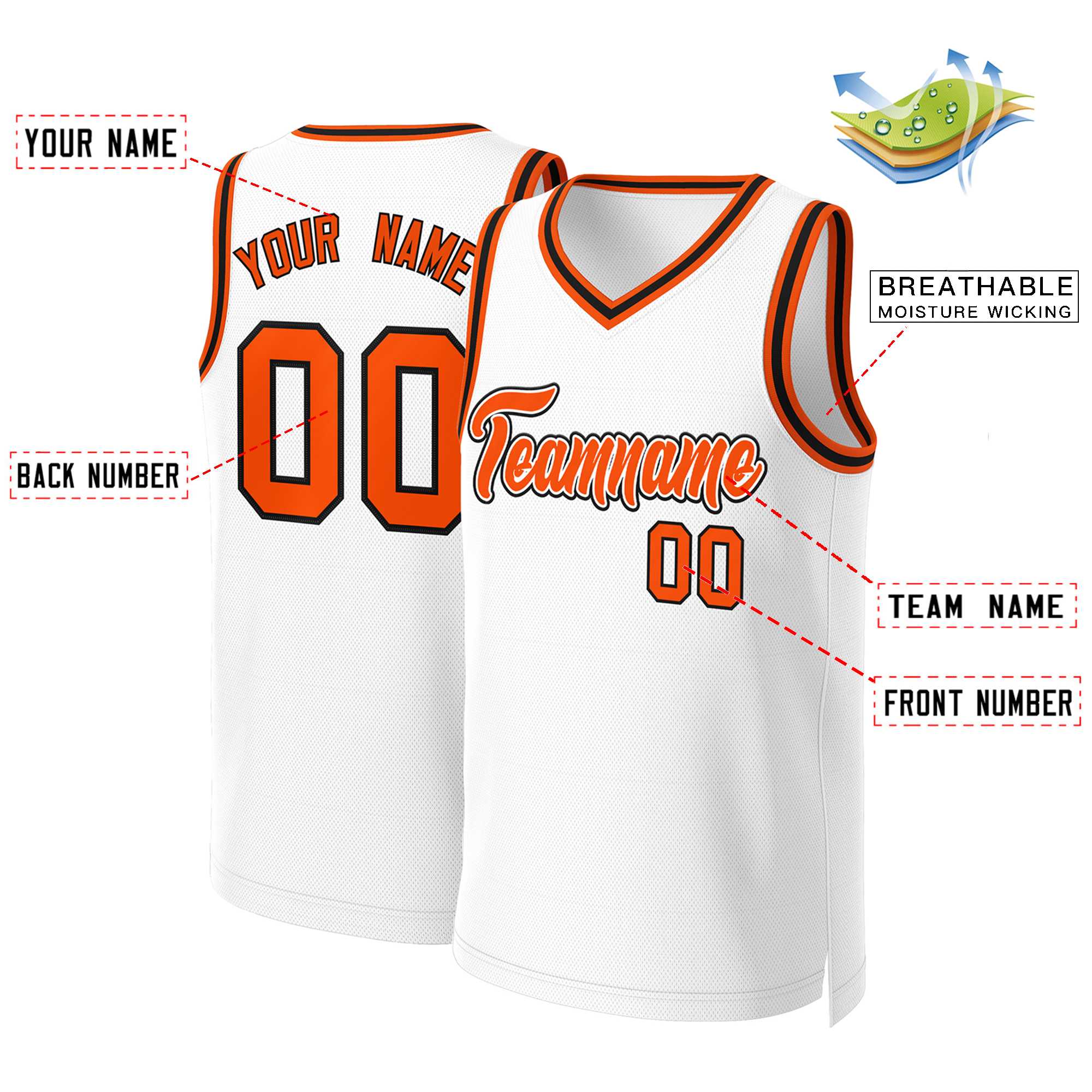 Custom White Orange-White Classic Tops Basketball Jersey