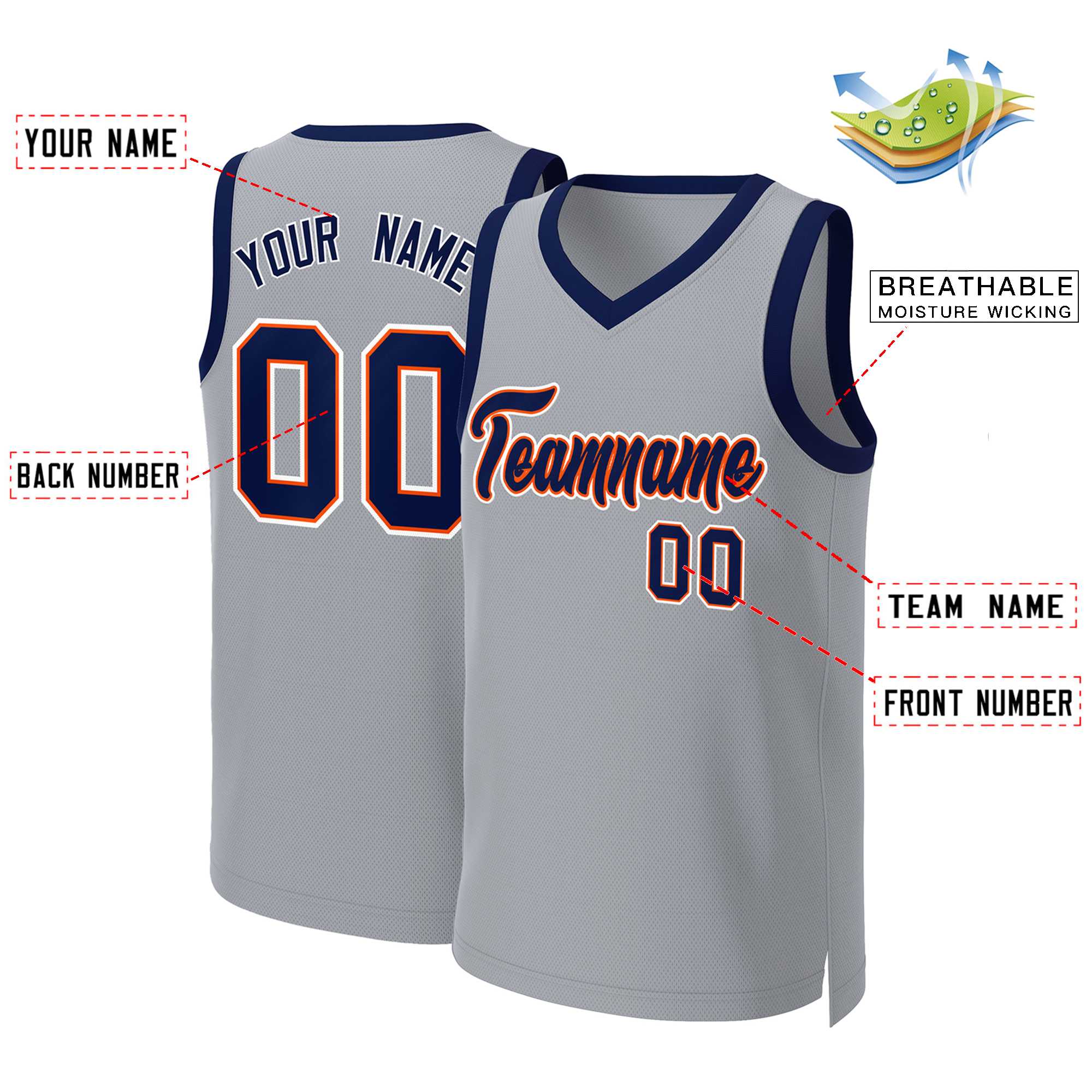 Maillot de basket-ball classique personnalisé gris marine-Orange