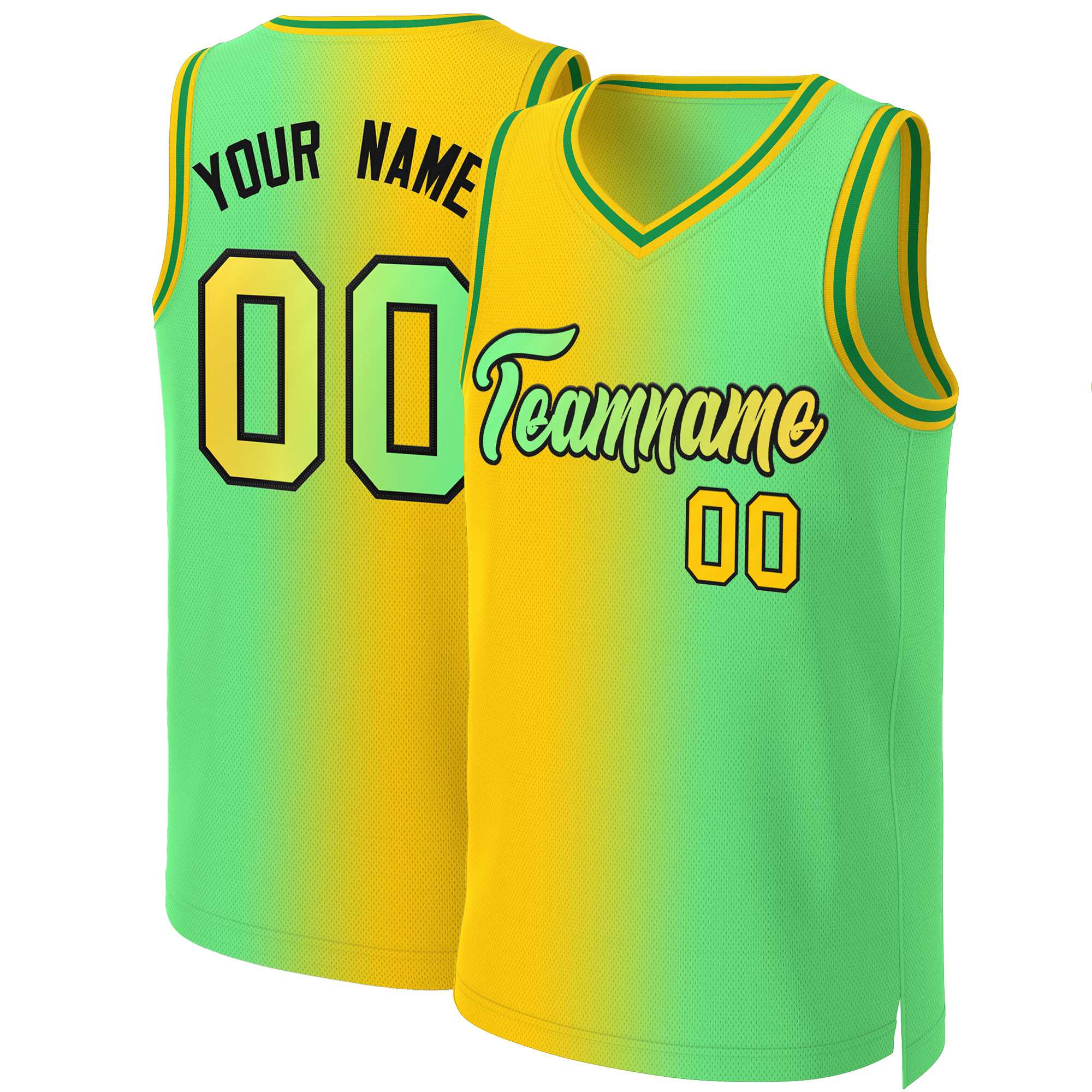 Maillot de basket-ball personnalisé jaune néon vert-noir dégradé, hauts à la mode