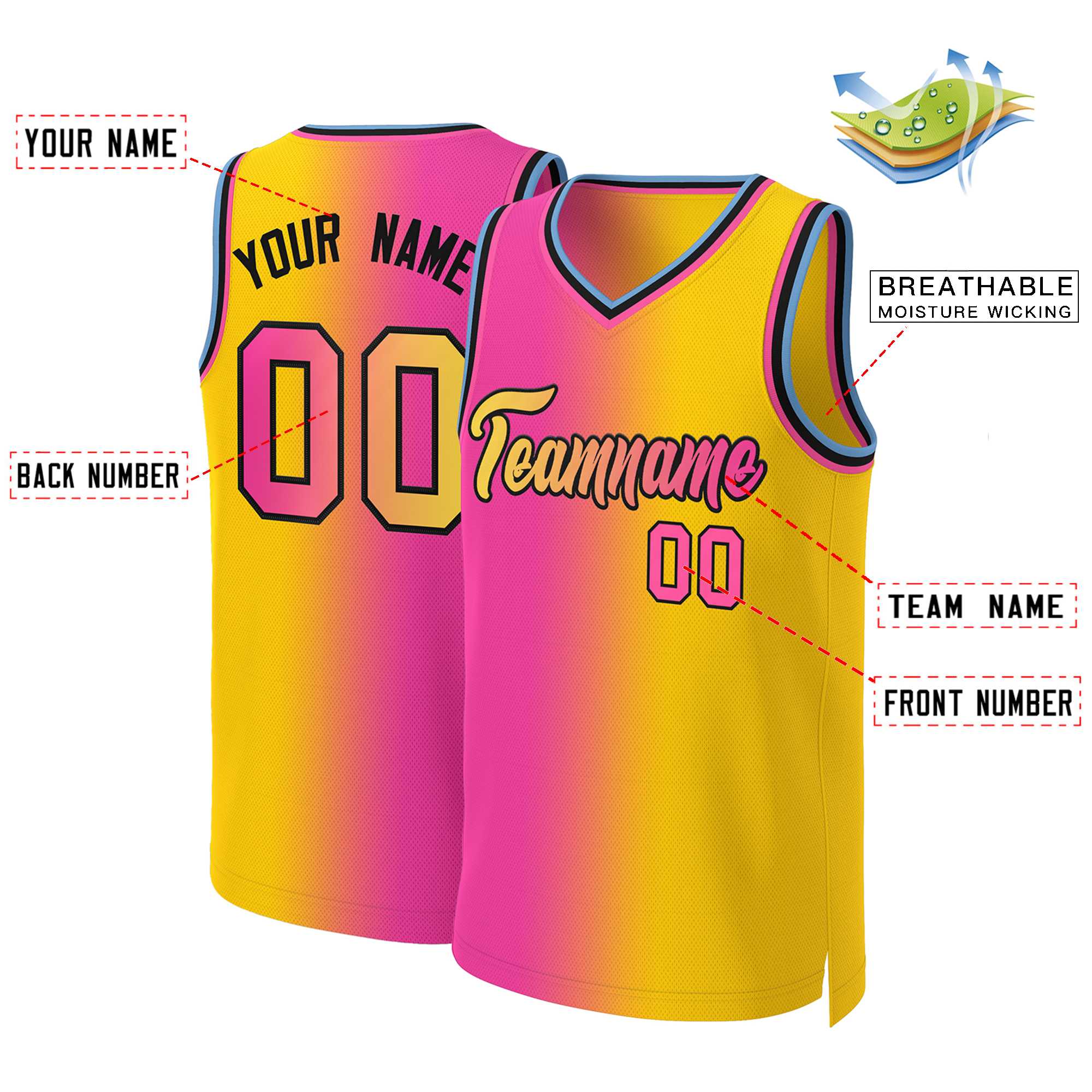 Maillot de basket-ball personnalisé, dégradé rose jaune-noir, hauts à la mode