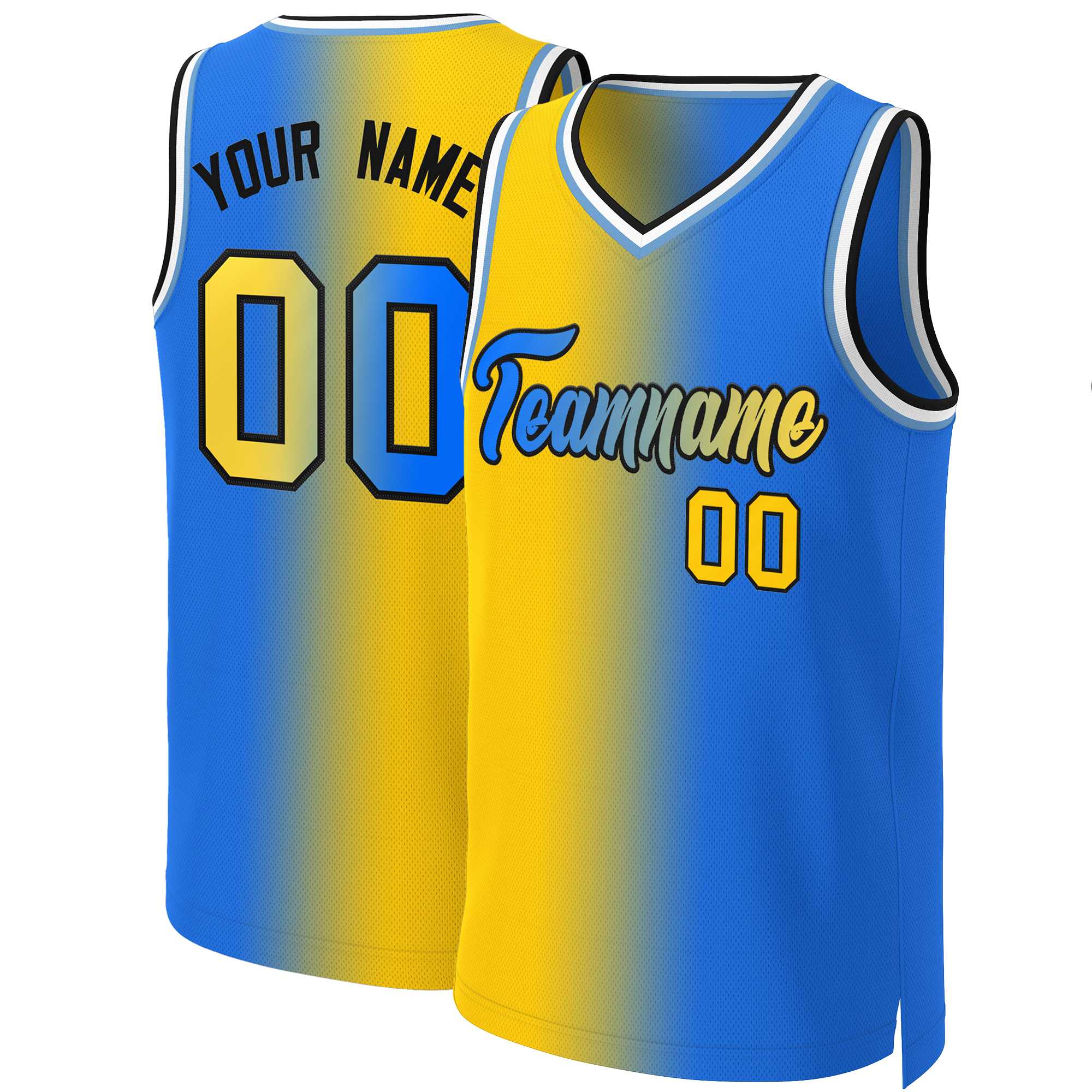 Maillot de basket-ball personnalisé, dégradé jaune bleu-noir, hauts à la mode