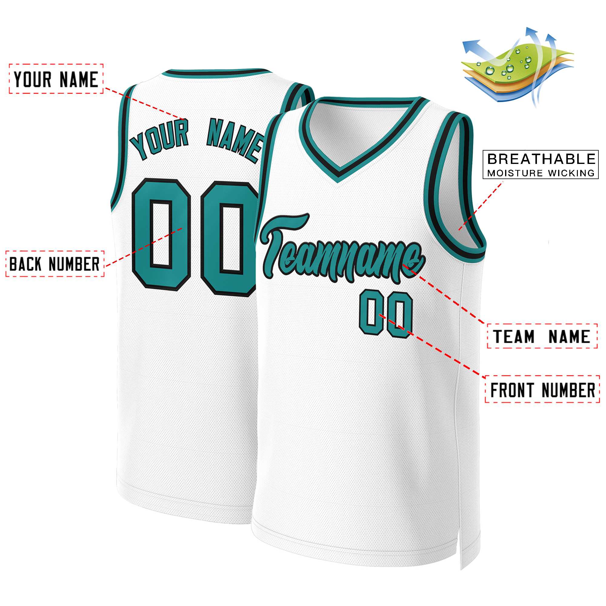 Custom White Teal-Black Classic Tops Basketball Jersey