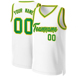 Maillot de basket-ball classique personnalisé blanc vert-jaune