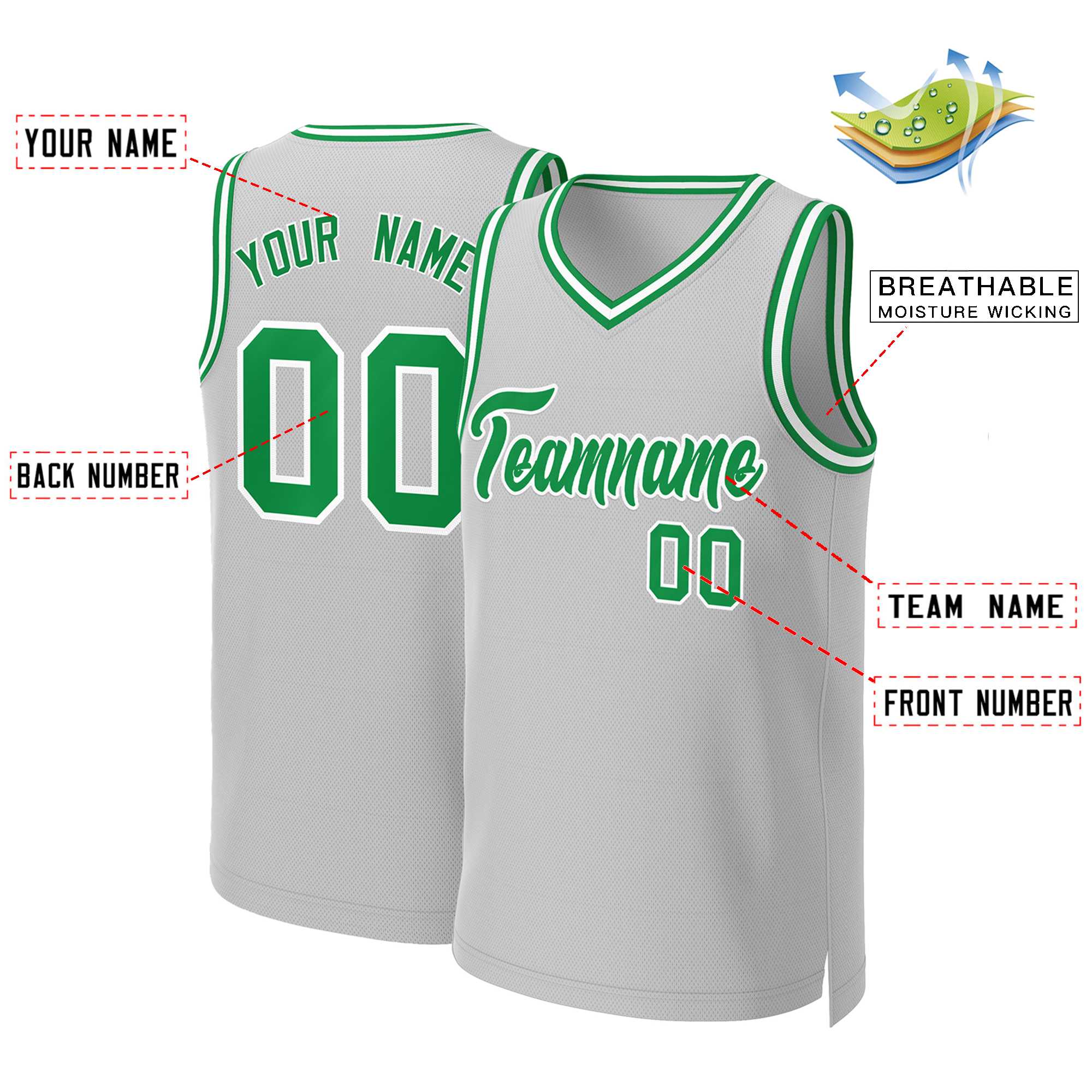 Custom Gray Kelly Green-White Classic Tops Basketball Jersey